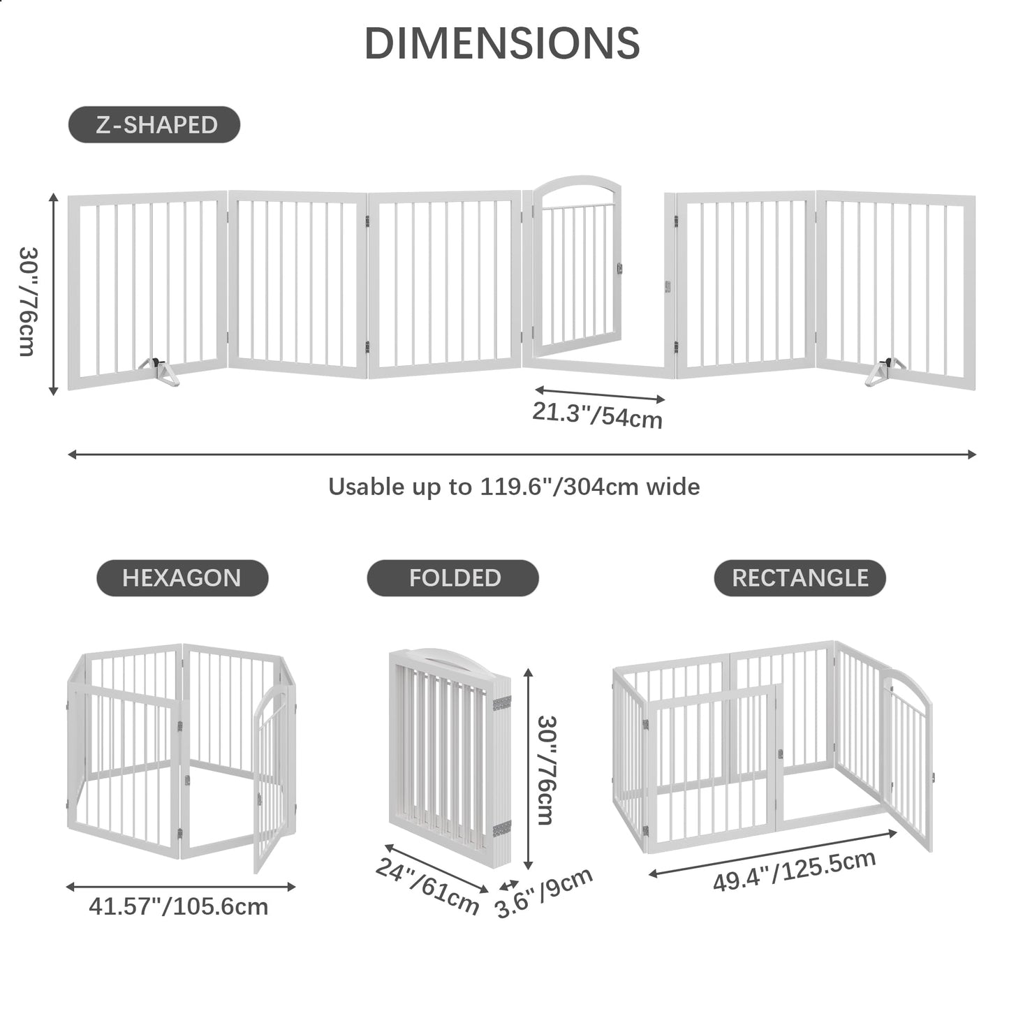 JSB 144-inch Extra Wide 30-inch Tall Dog gate with Door Walk Through, Freestanding Round Tube Pet Gate for Halls Stairs, Puppy Safety Dog Fence with 2PCS Support Feet (White)