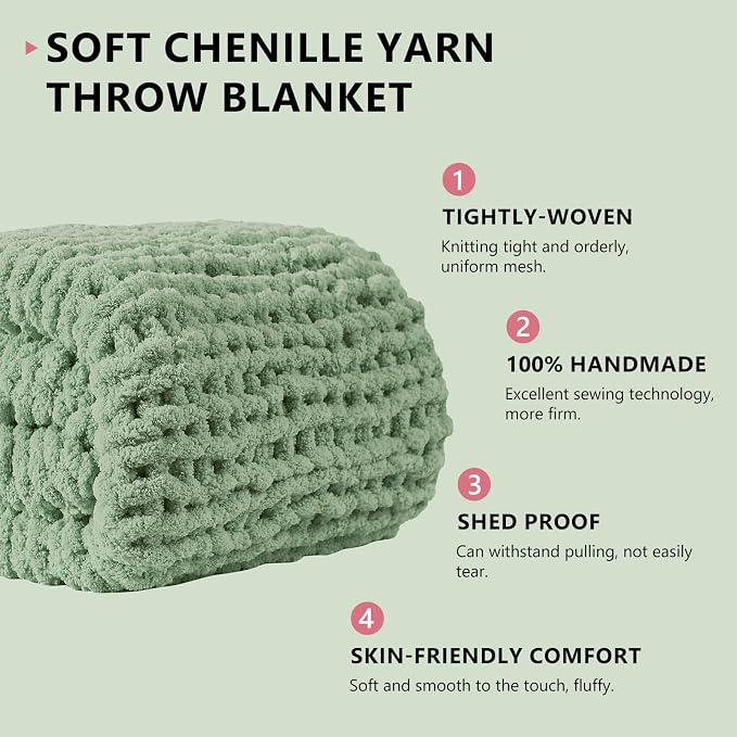 L'AGRATY Chunky Knit Blanket Throw: 80''x90'' Chenille Chunky Knitted Throw Blankets for Bed Couch - Handmade Thick Big Cable Knit Blanket - Large Crochet Blankets for Home Decor(Sage Green)