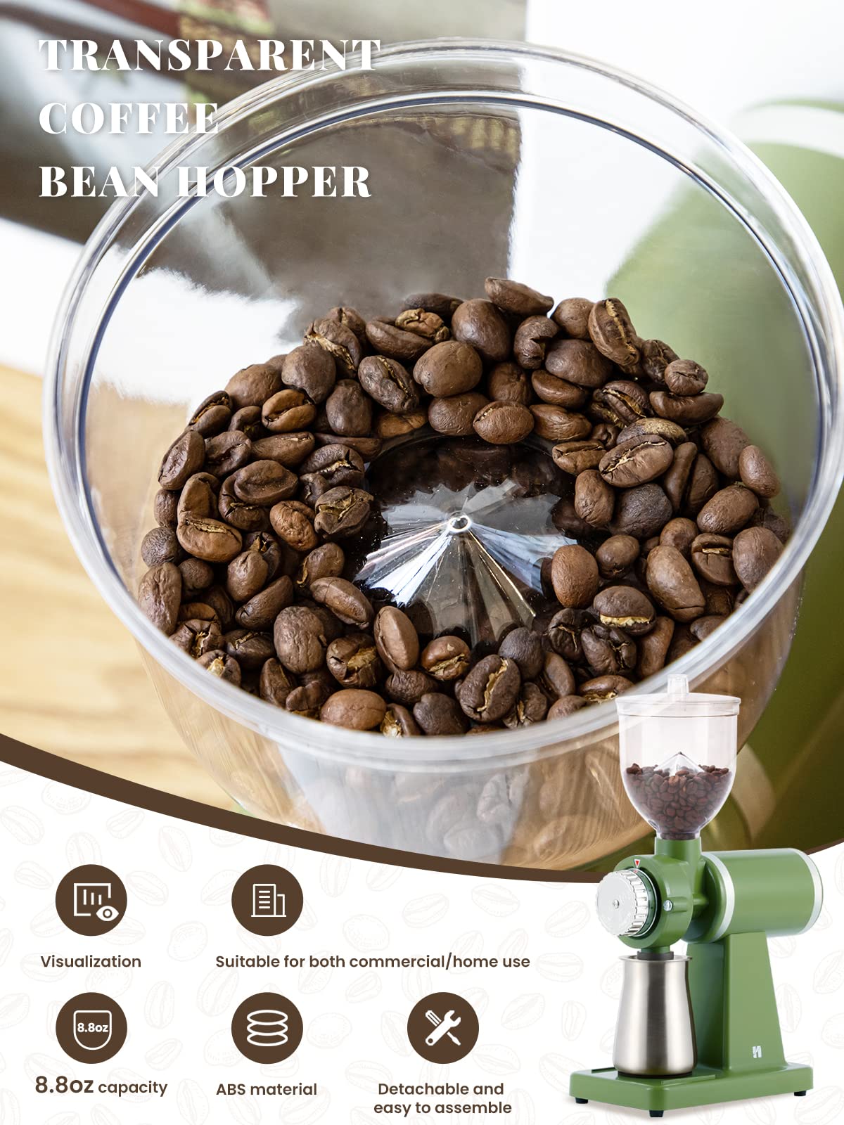 Huanyu Electric Coffee Bean Grinder 250G Automatic Burr Grinder Green and Huanyu Electric Espresso Portafilter Cleaner with Dual Brush Heads and Three Scrapers Bundle
