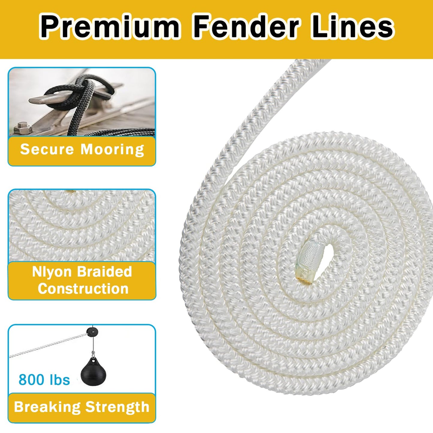 2 Pack 3/8'' x 6' Boat Fender Lines for Mooring, Docking Ties & Small Boat,Premium Marine- Grade Double Braided Nylon Boat Rope with a 5" Eyelet,Anti-Wear & Weather-Resistant-White