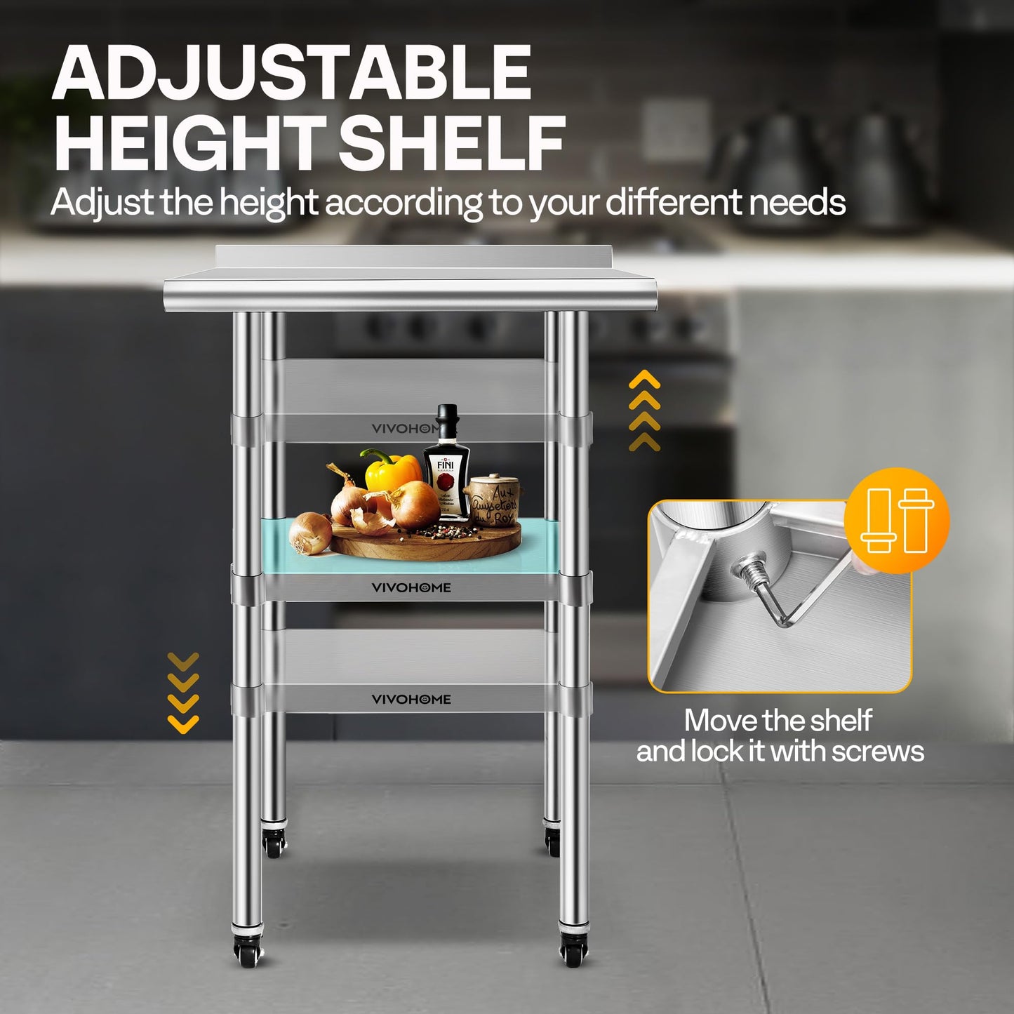 VIVOHOME 24 x 24 Inch Stainless Steel Work Table with Backsplash, Prep Commercial Table with Wheels for Restaurant, Hotel, Home and Warehouse