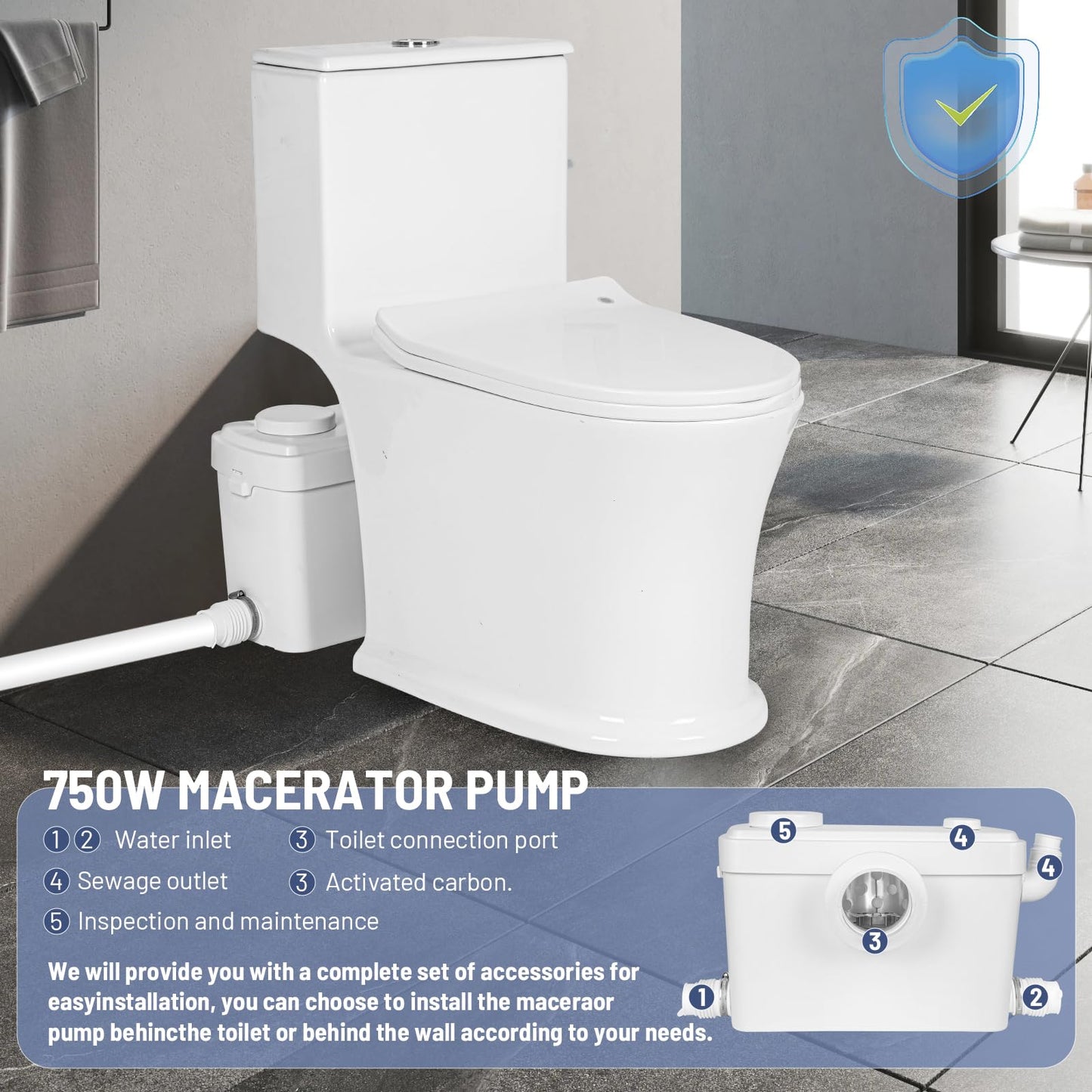 Dreamsani 750W Macerator Pump for Macerating Toilet, Sewerage Sump Pump for Basement Toilet, Upflush Waste Water Pump for Marine Toilet, Laundry Sink,Shower