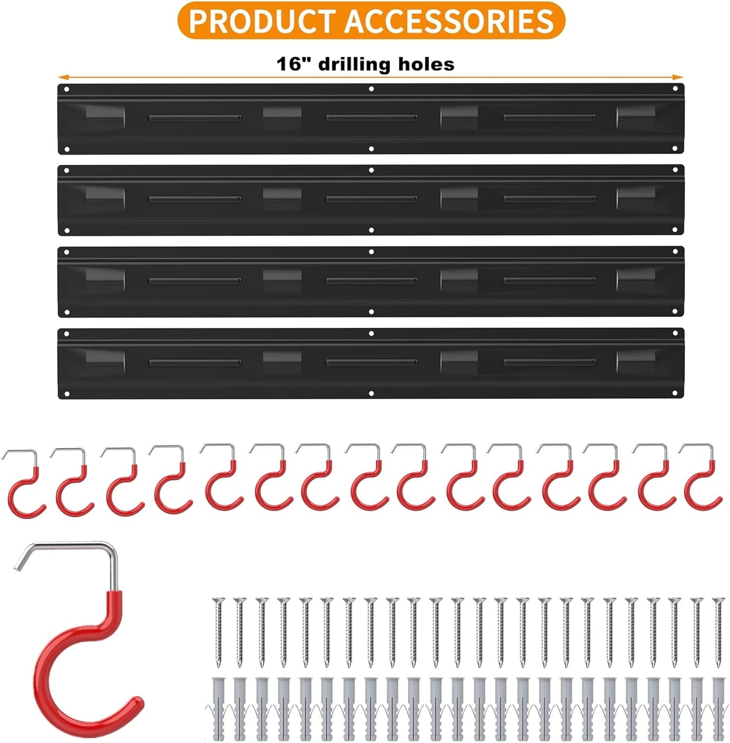 WALMANN All Metal Wall Mount Garden Tool Organizer - 64 Inch Storage Rack with 4 Rails & 16 Hooks