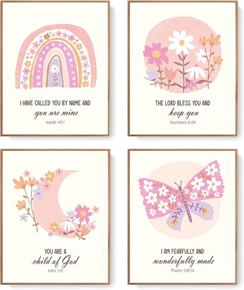 LARTSFRO Kids Bible Wall Art - Inspirational Pink Flower Prints for Nursery | Set of 4 Unframed 10x8 Inch Decor