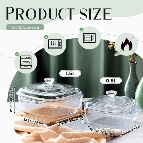 Maxcheck Glass Casserole Dish Set - 2 Pieces with Lids | 0.8L & 1.5L Oven-Safe Cookware for Home & Party