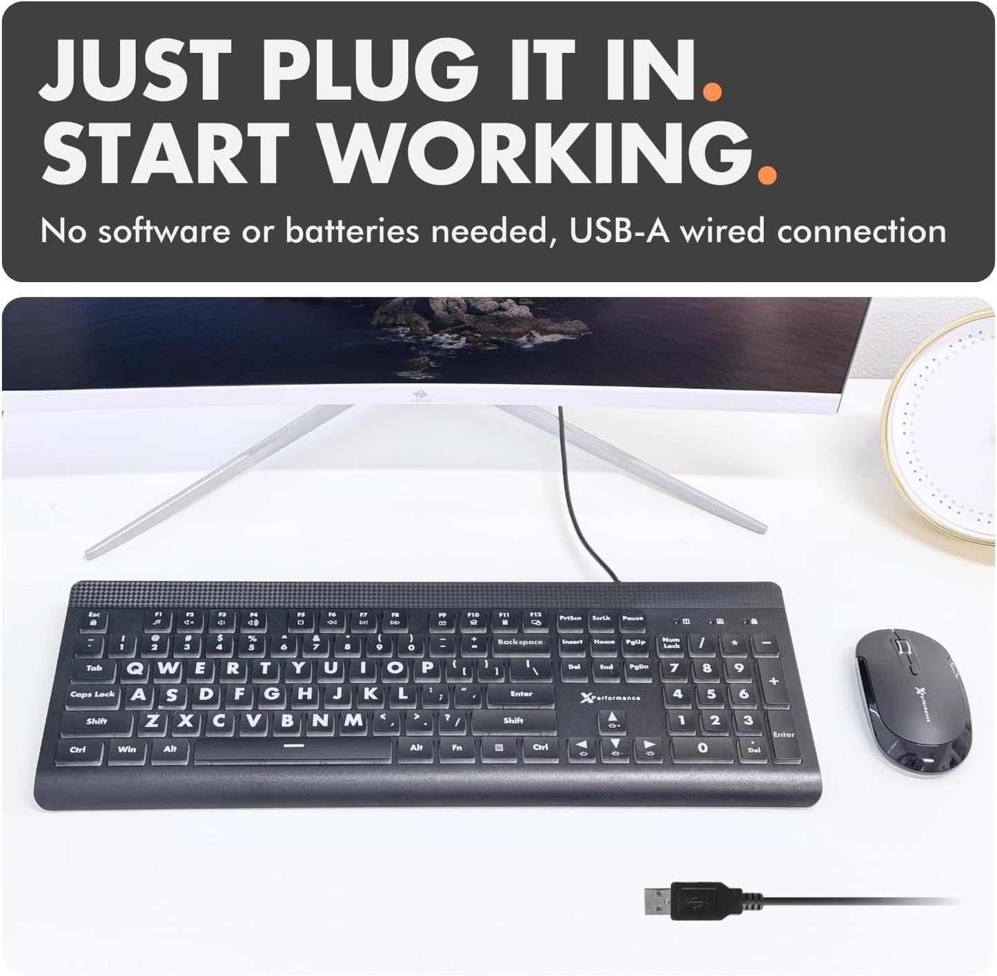 X9 Performance X9 7-Colors Large Print Backlit Computer Keyboard - Easy to See Big Letters - Lighted USB Wired Keyboard