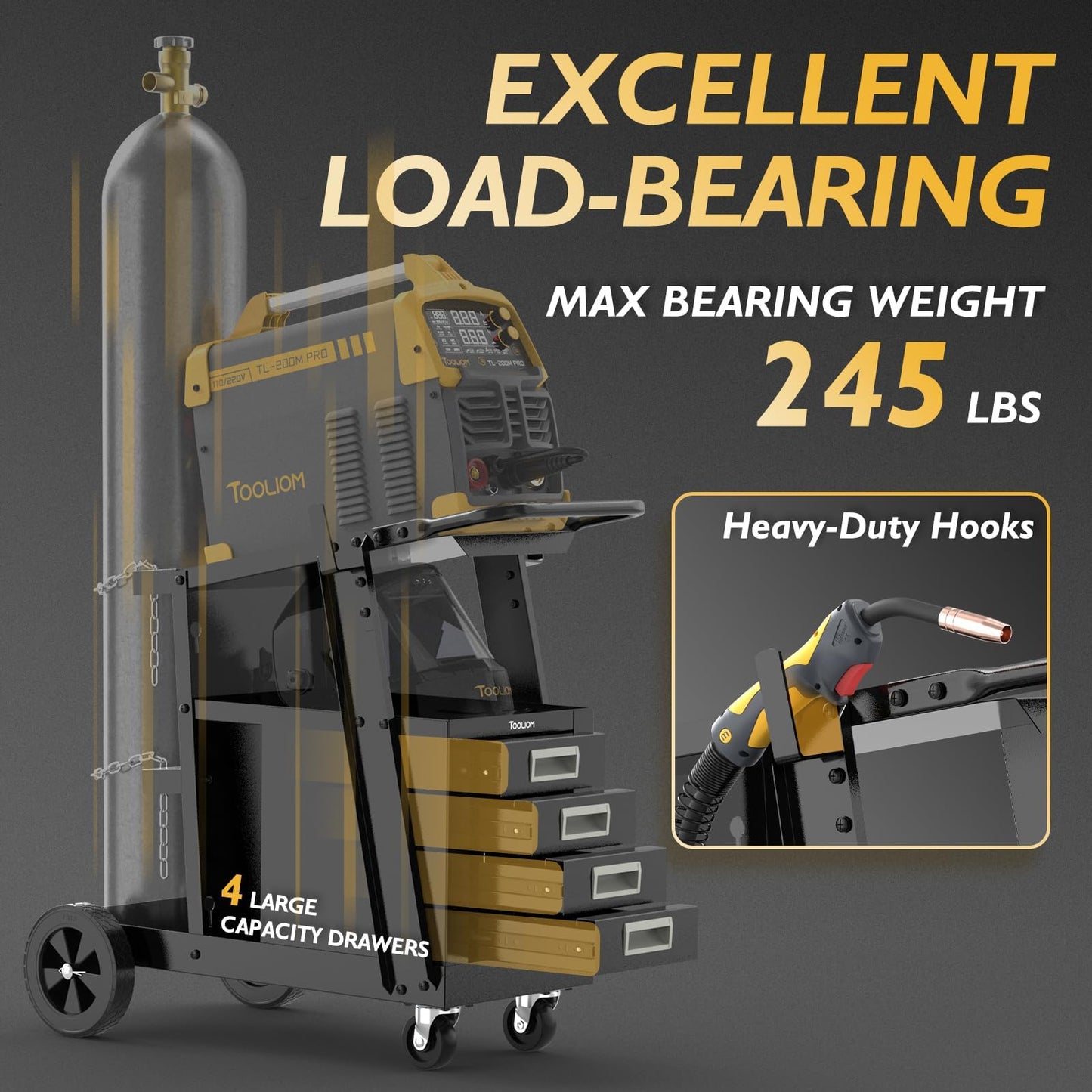 TOOLIOM Welding Cart with 4 Drawers Cabinet,Rolling Welder Cart for TIG MIG Welder and Plasma Cutter 360° Swivel Wheels Welding Trolley