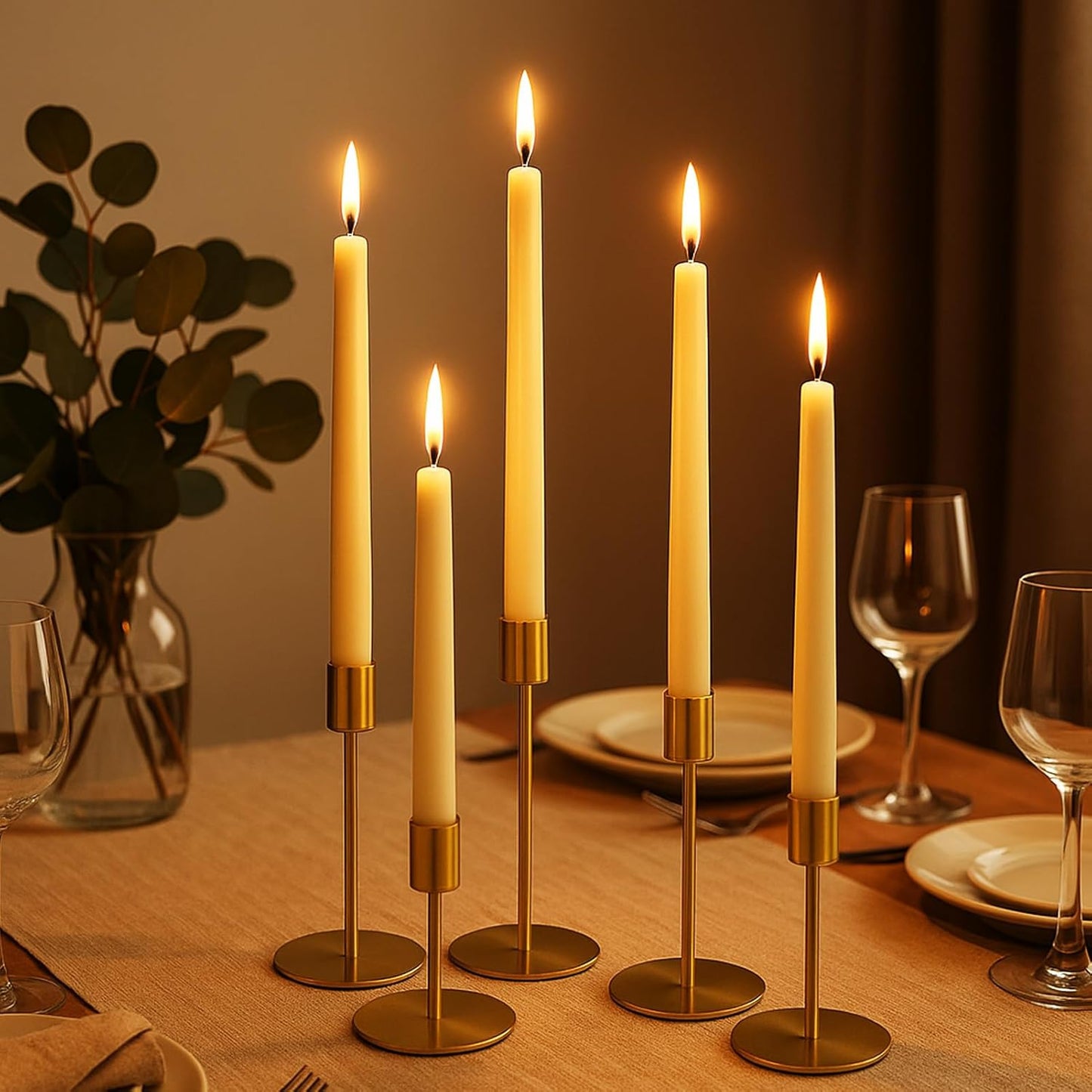 Smtyle Gold Taper Candle Holders - Set of 5 Matte Finial for Elegant Wedding & Dining Table Decor