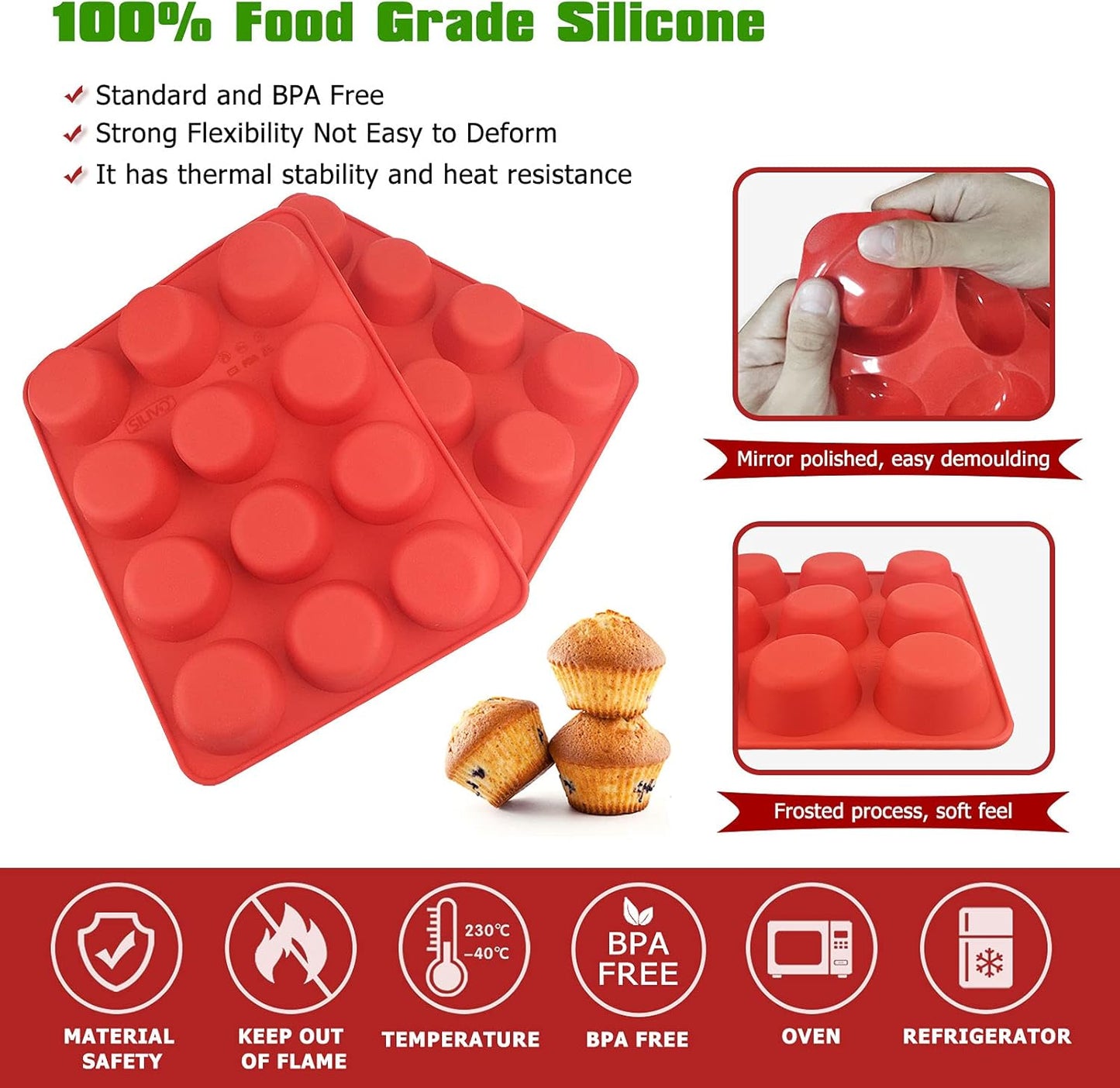 SILIVO Silicone Muffin Pans - Nonstick 12-Cup Baking Molds for Muffins, Cupcakes & Egg Bites | 2-Pack, 2.5 Inch