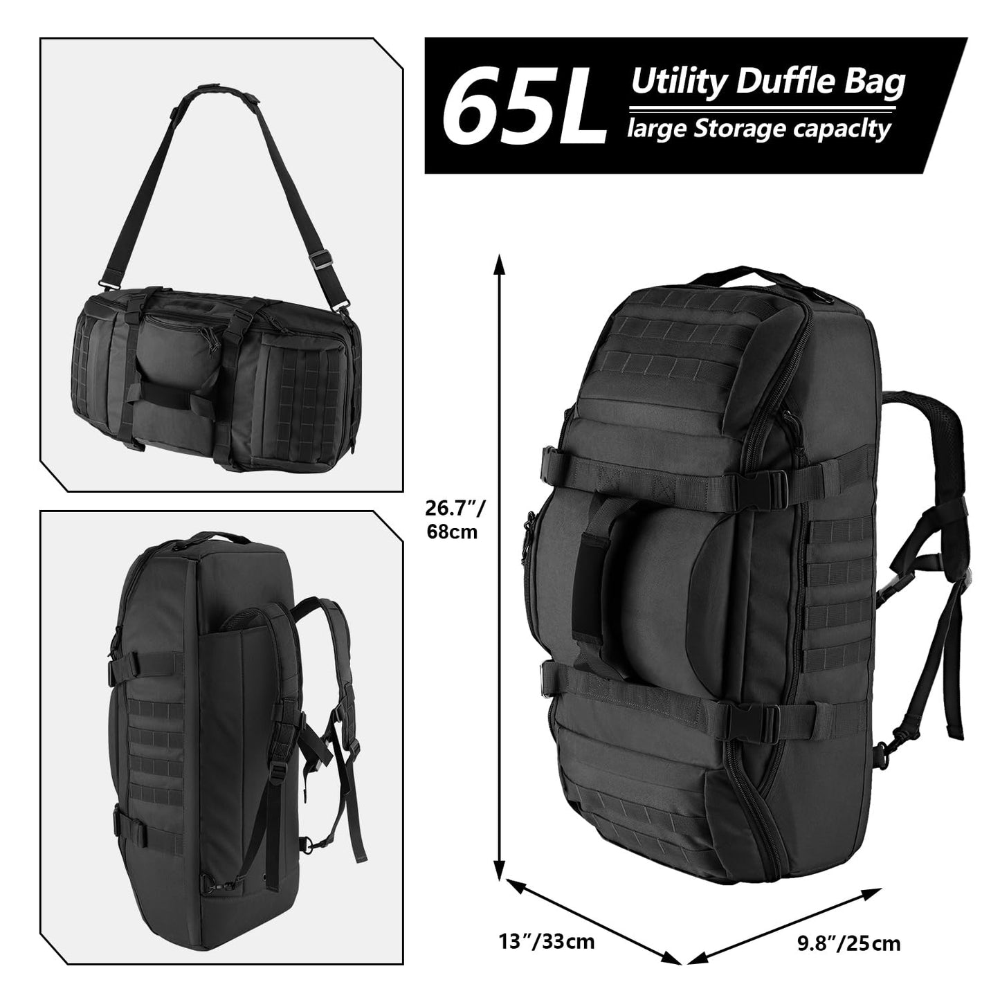 Hannibal Tactical 65L Large Duffle Bag, 3-in-1 Tactical Backpack MOLLE Pack for Sports, Gym, Outdoor, Black