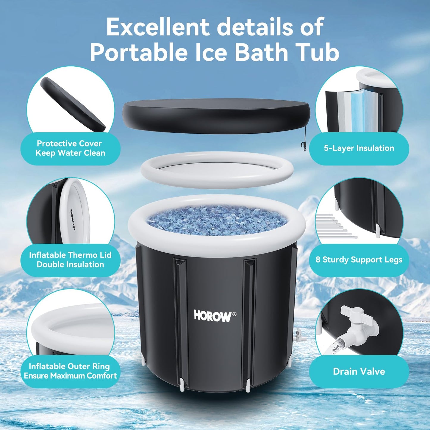 HOROW Ice Bath Cold Plunge Tub with Cover, Multiple Layered Portable Ice Bath Plunge for Cold Water Therapy and Recovery, Indoor & Outdoor Use for Athletes & Adults, 100 Gallons, Black, Round