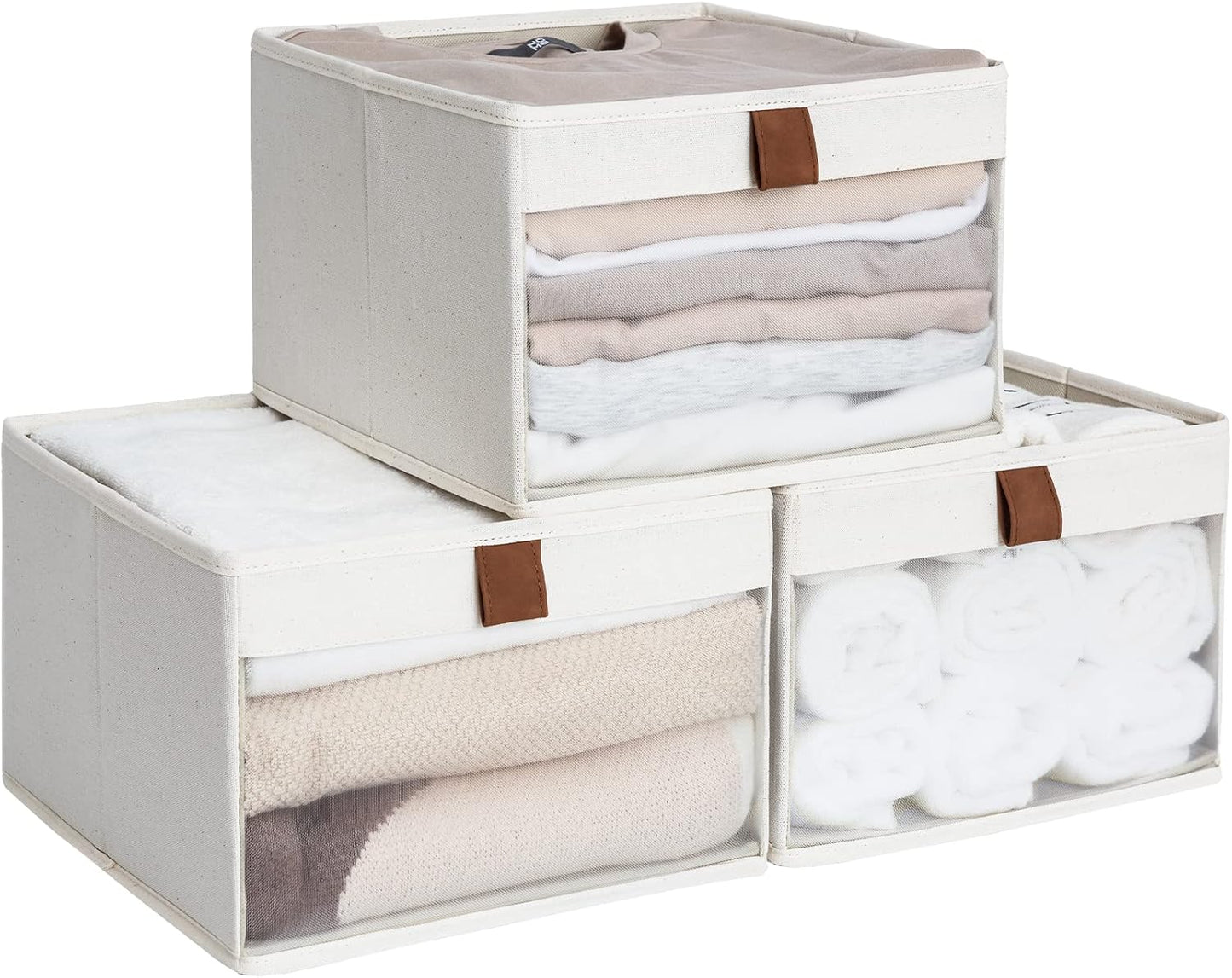 StorageWorks Storage Bins - Foldable Fabric Organizers with Clear Window & Handles | Beige, 3 Pack