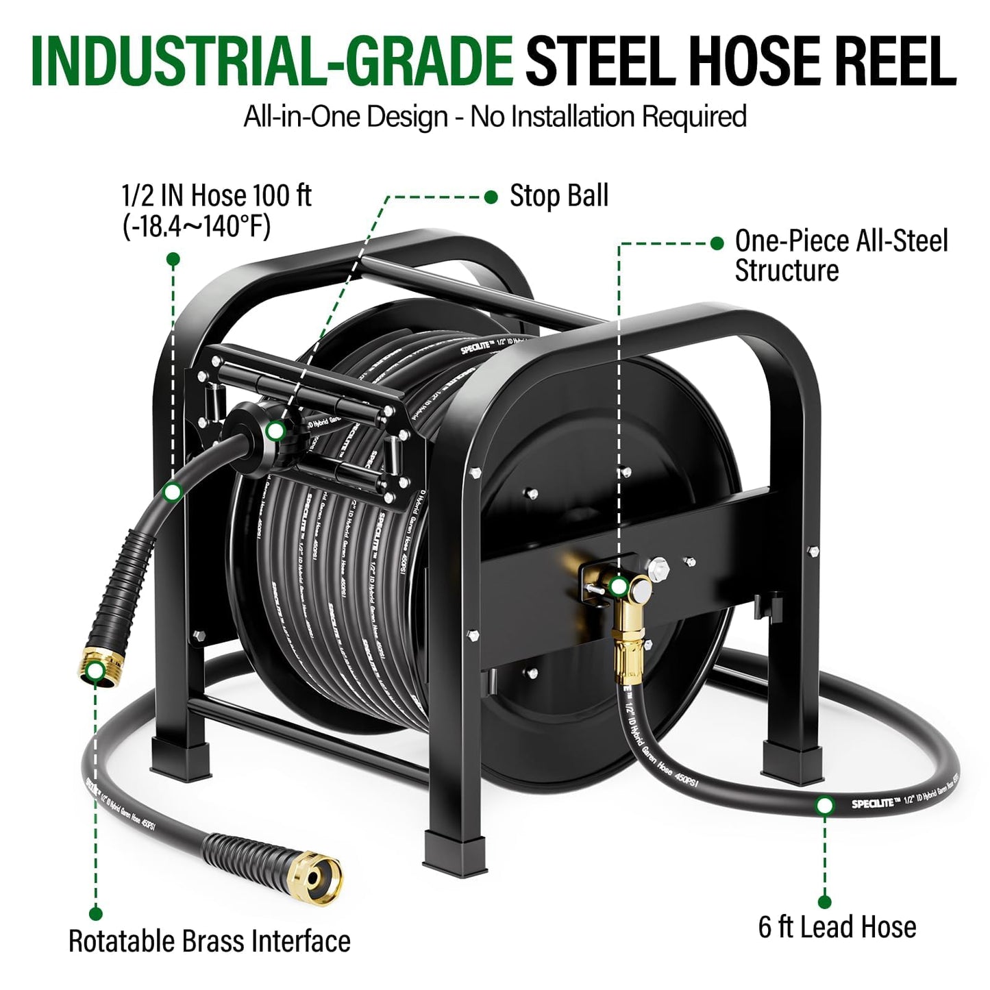 SPECILITE Retractable Hose Reel with 1/2'' x 100FT Garden Water Pipe, 1200 PSI, UV Resistant Heavy Duty Industrial Metal Freestanding Spool, 6' Lead-in, Sprayer Nozzle for Garage, Yard, and Workshop