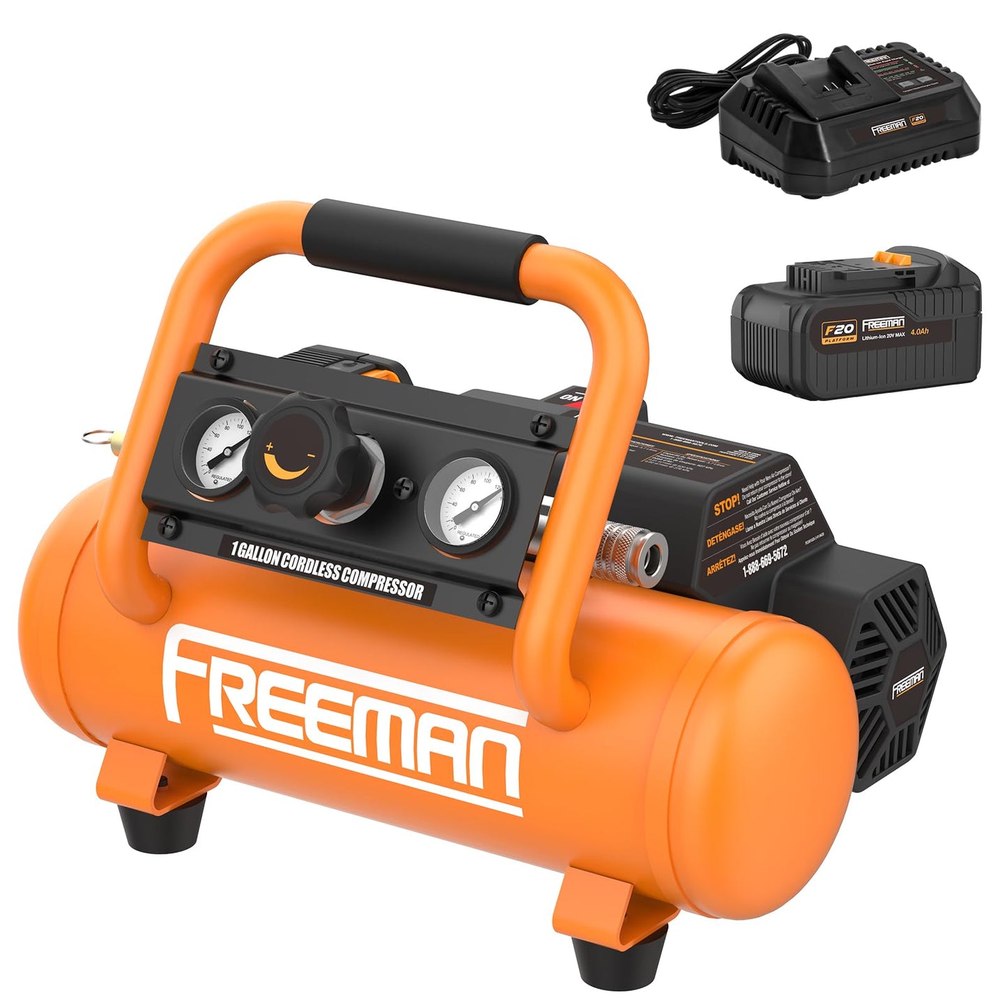 Freeman F20 20V Cordless 1-Gallon Air Compressor with 4.0Ah Battery & Charger | 1/3 HP, 700 Shots Per Charge | Portable, Oil-Free, for Nailers & Tire Inflation | PE20V1GCK