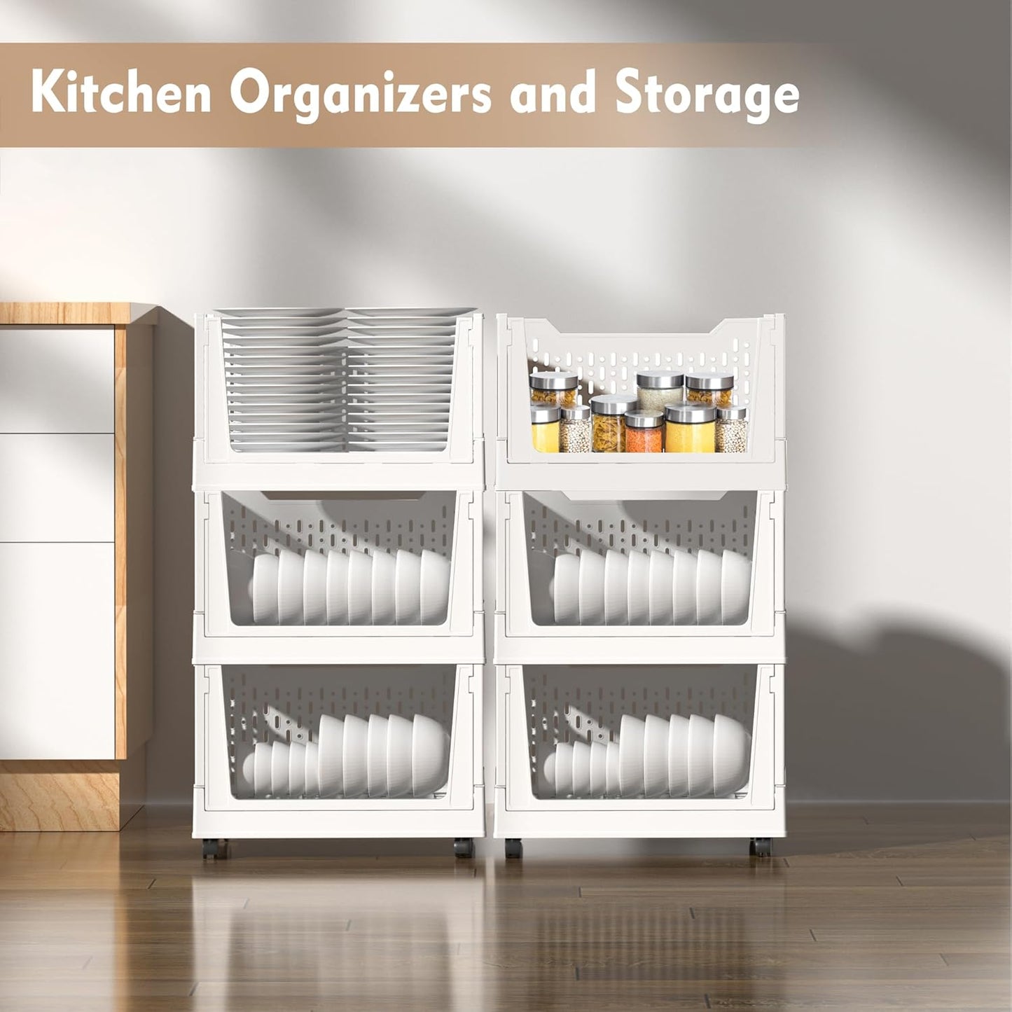 Stackable Plastic Storage Baskets by [Brand Name] - 3 Pack Foldable Organizers with Wheels | Versatile Storage for Home & Office