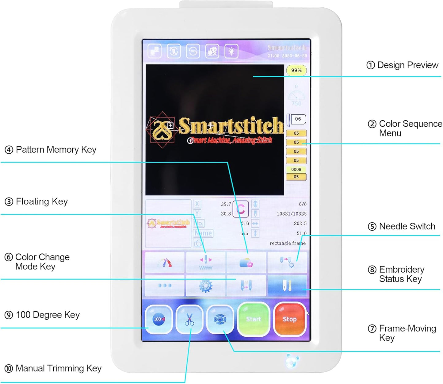 Smartstitch S-1001 Embroidery Machine - 10 Needles, 1200 SPM, 7" Touch Screen, 9.5"x14.2" Area