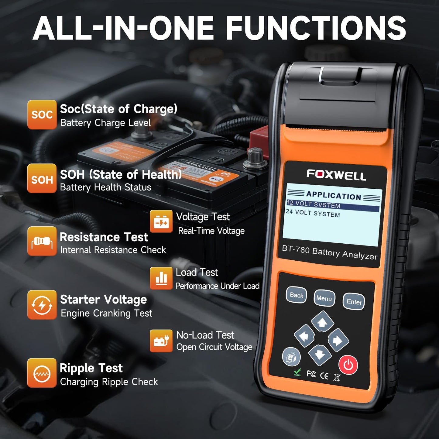 FOXWELL BT780 24V 12V 6V Car Battery Tester with Bilt-in Printer, Professional Battery Load Tester, 100-2000CCA Automotive Cranking Charging Alternator Tester for Car Truck Marine ATV, Upgraded BT705