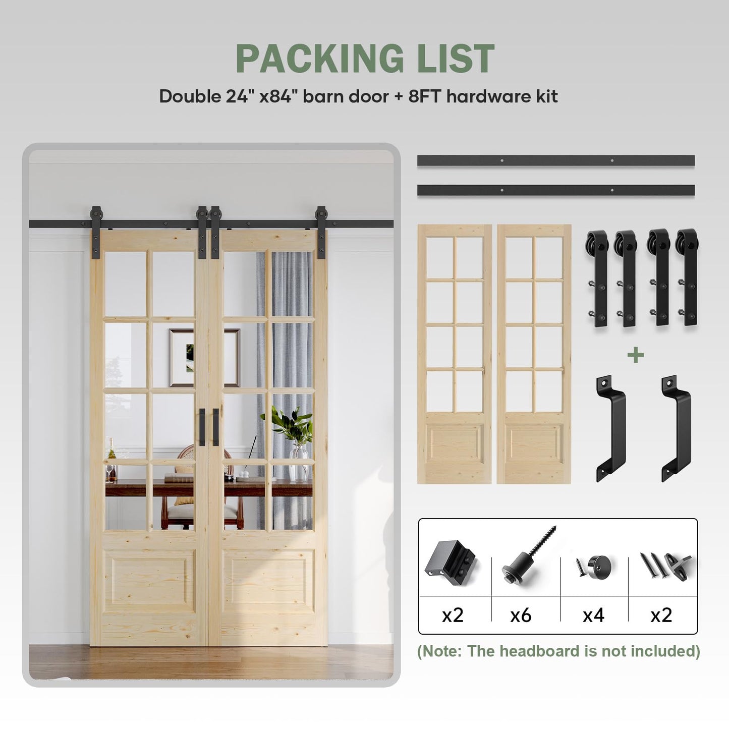 Roymelo Preassembled 48x84 (Double 24x84) Inch Clear Glass French Interior Door with 8Ft Barn Door Hardware Kit Included, Spruce Wood Support DIY Dyeing, Easy Assembly