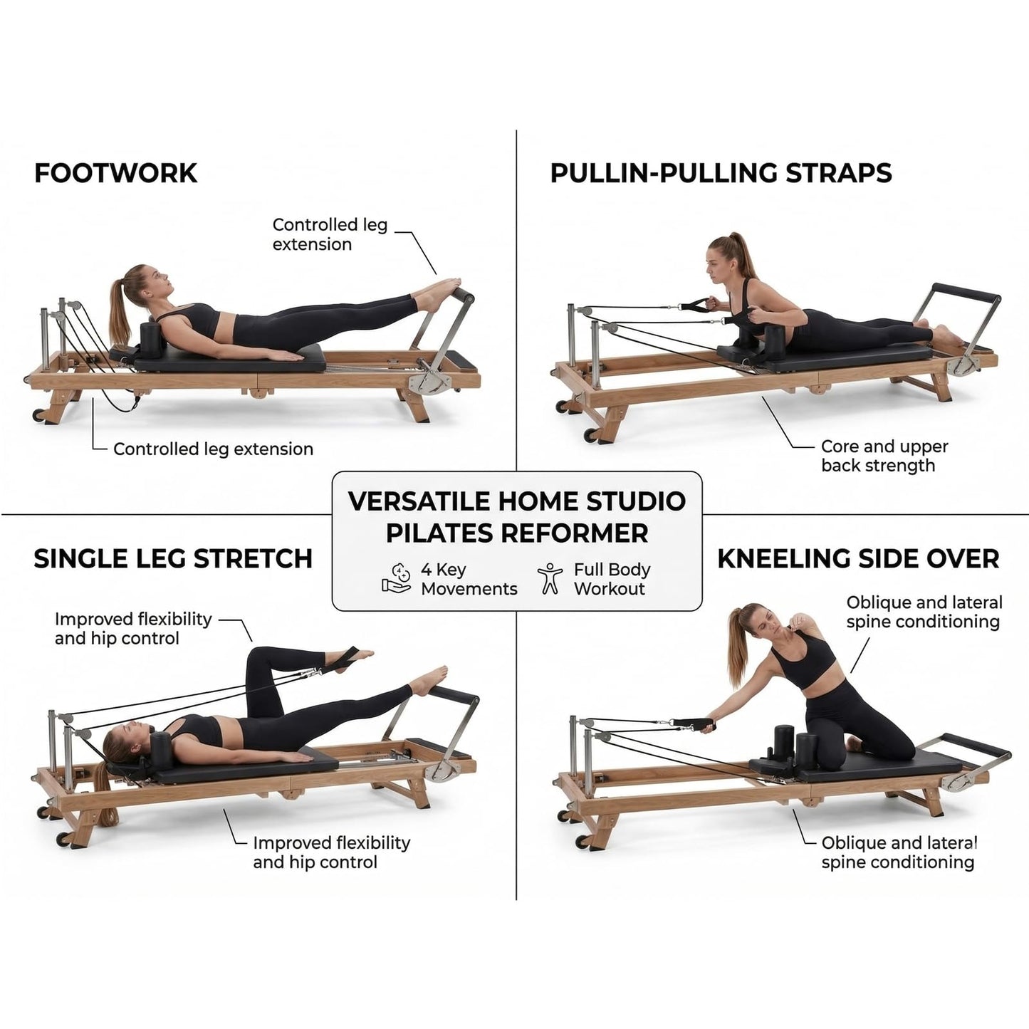 75" Foldable Pilates Reformer Machine for Home Use, Professional Stainless Steel with Wood-Grain Finish, Hybrid Resistance (Springs & Latex), Wellness Gift for Petite Women up to 5'9"
