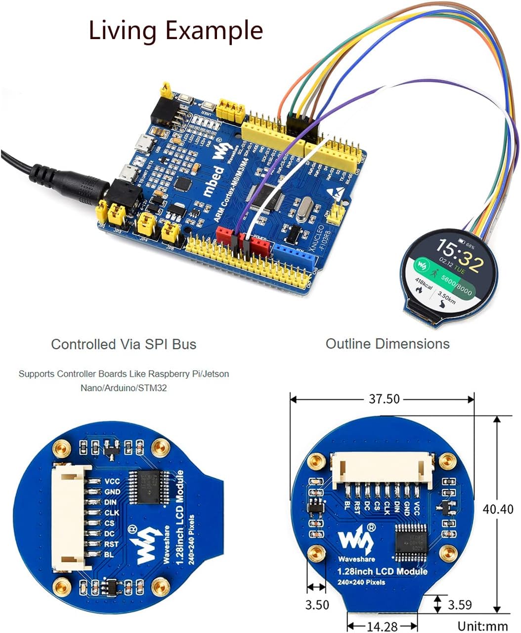 Bicool 1.28inch 240x240 65K Nano/STM32 Round LCD IPS Module Resolution RGB Colors SPI Interface for Arduino/Raspberry