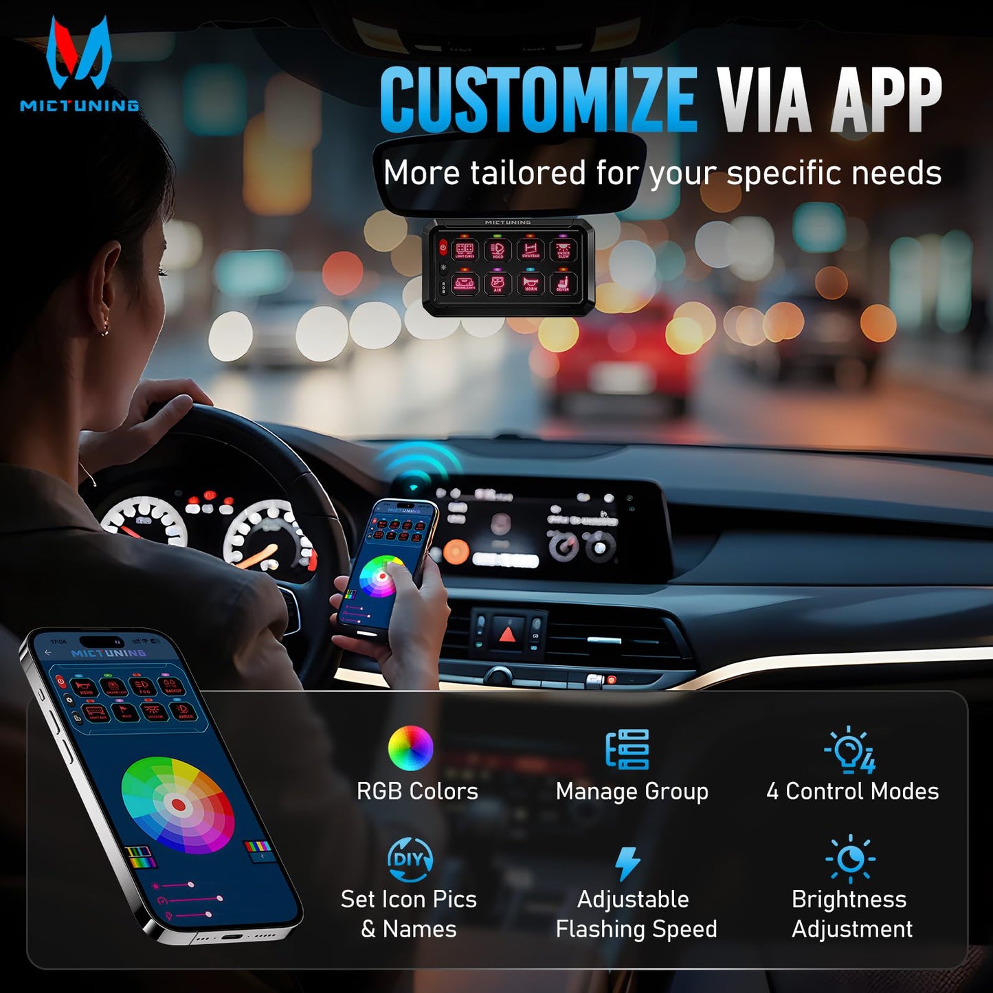 MICTUNING P1Y 8 Gang Switch Panel, Remote and APP Control, Up to 230FT, Adjustable Strobe Pulse Momentary, 6-Level Dimming, 12-24V Waterproof Multifunction Toggle Switch for Car Boat RV Truck Offroad