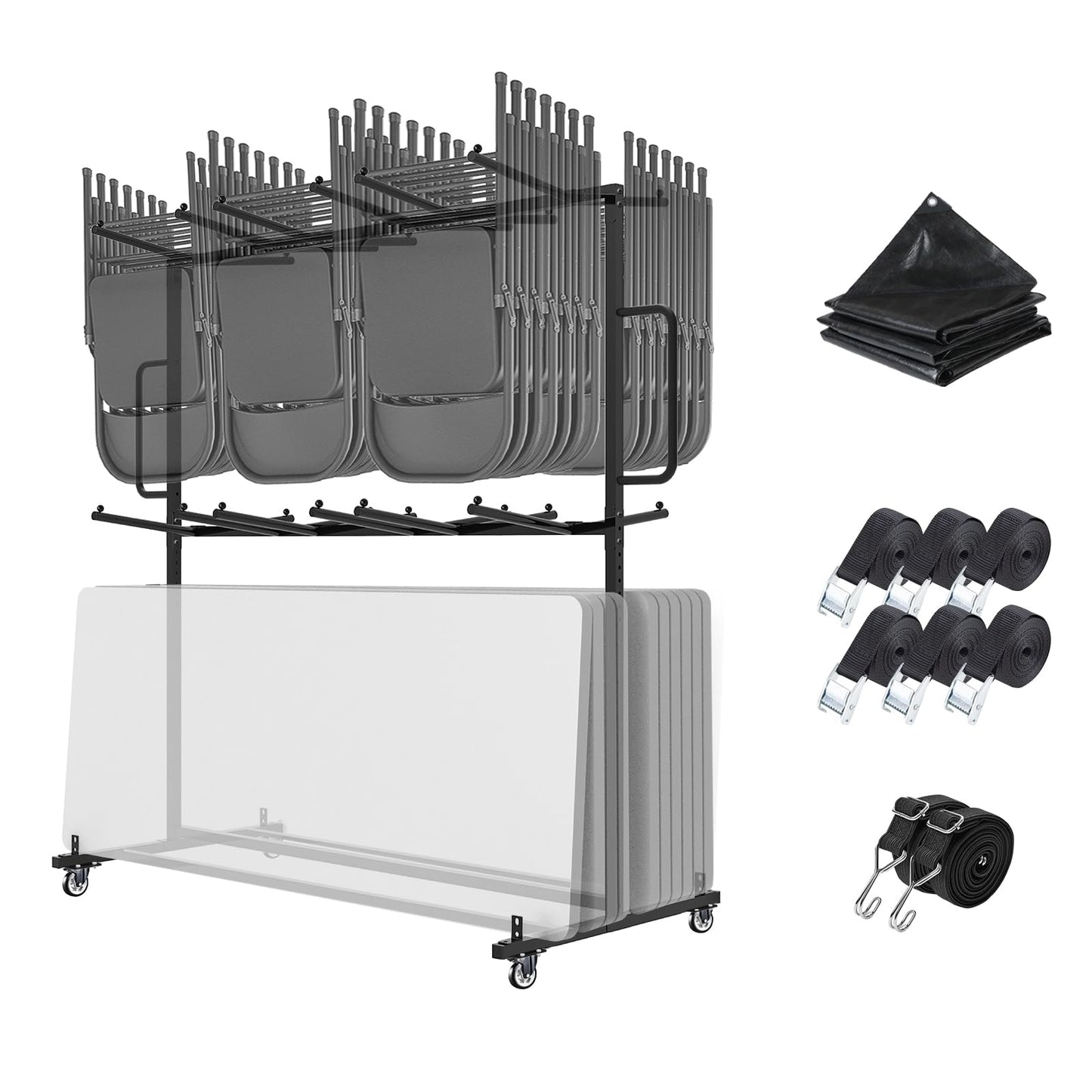 Folding Table And Chair Cart,Two Tier Folding Chair And Table Storage Rack With 800LBS Capacity For 84 Folding Chairs Heavy Metal Folding Chair Holder Rack with Rubber Locking Wheels,Straps and Cover