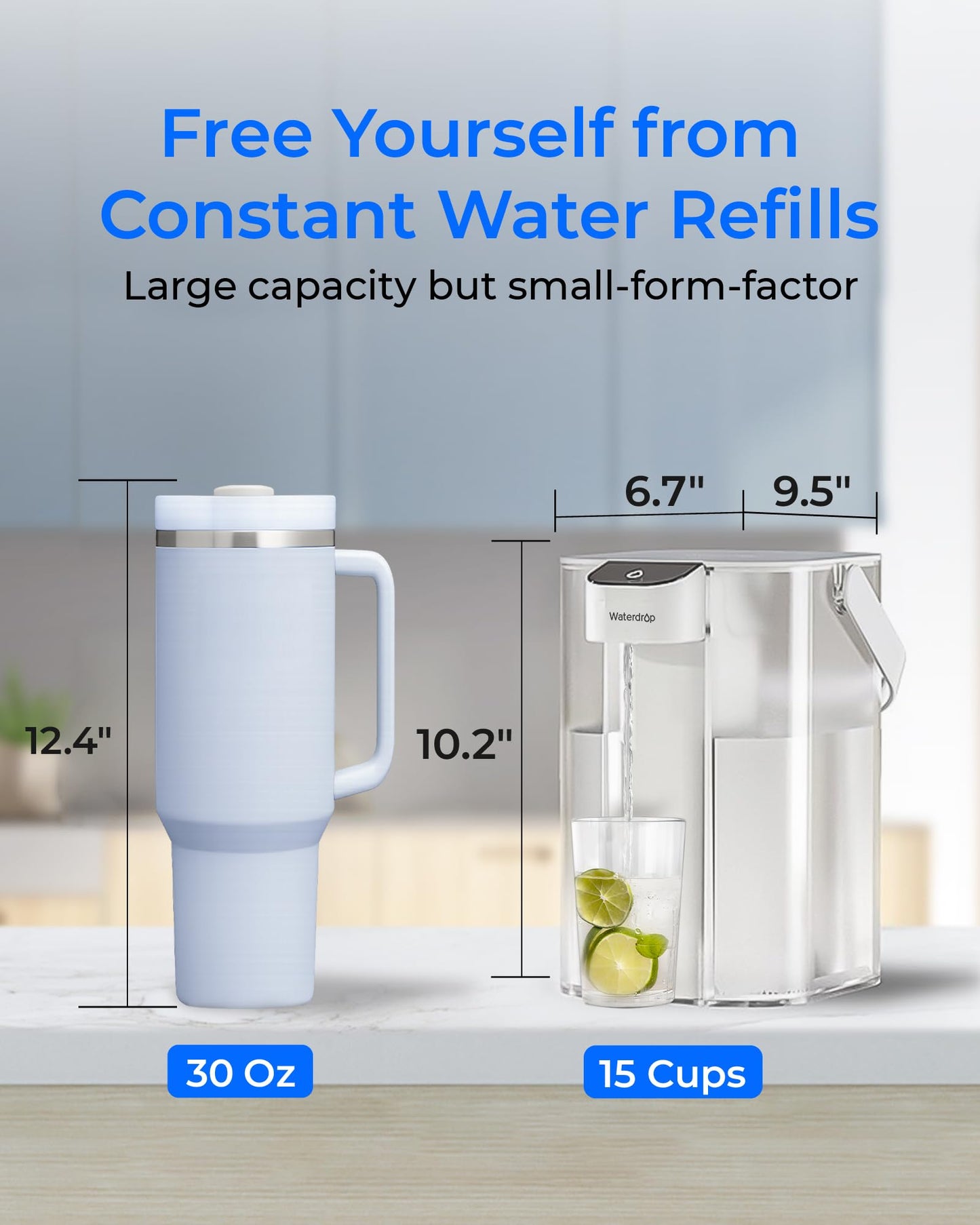 Waterdrop Alkaline Electric Water Filter Pitcher, Rechargeable Water Dispenser, Instant 200-Gallon 15-Cup Countertop Purifier, Reduce PFOA/PFOS, Chlorine, Lead, White, with 1 Filter