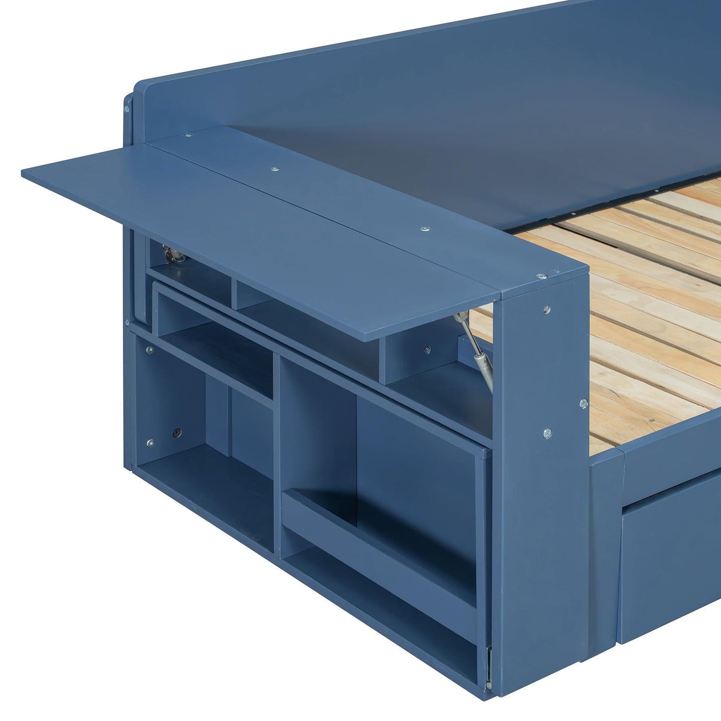 Merax Full Size Daybed with Removable Desk, Storage Drawers & Hydraulic Side Table, Blue