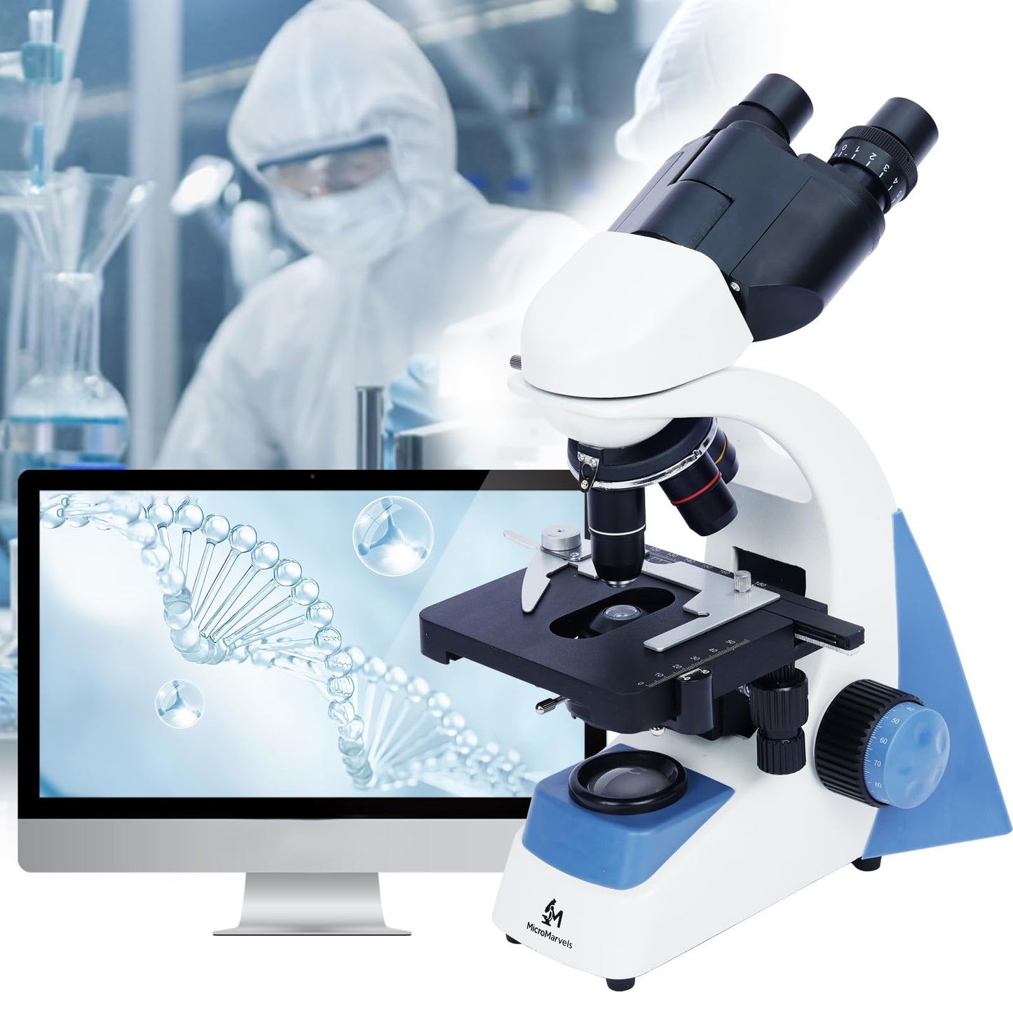 MicroMarvels Professional Compound Binocular Microscope 40X-2000X, Dual LED Illumination with WF10X & WF25X Eyepieces, Metal Frame for School Laboratory, Home Education, Home Learning (Blue & White)