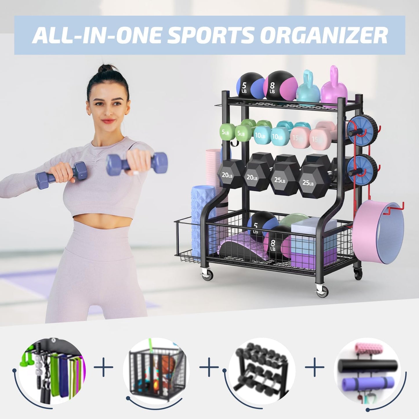 PLKOW Dumbbell Weight Rack, Home Gym Storage for Kettlebells Yoga Mat and Balls, All in One Workout Storage with Wheels and Hooks, Powder Coated Finish Steel