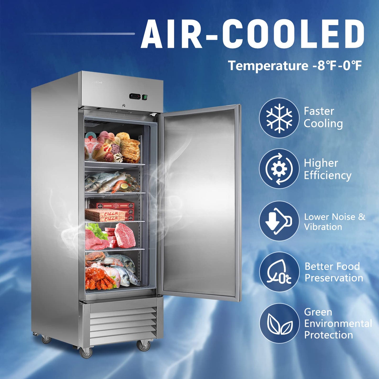 JINSONG 27" Commercial Freezer with Single Solid Door, 23 cu.ft Stainless Steel Reach-in Freezer for Restaurant, Bar, Shop, Residential, with 4 Shelves and 4 wheels