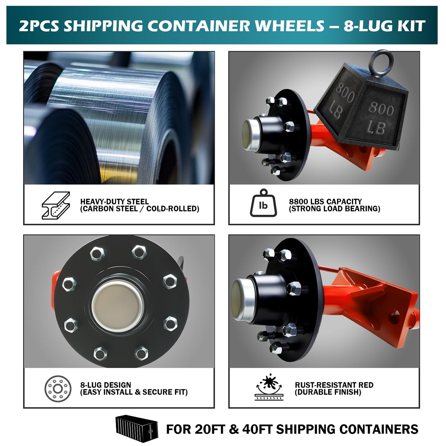 LAJIAOZ Upgrade 8 Lug Shipping Container Wheels Kit Heavy Duty Axle Dolly, Move 20ft 40ft Containers 8800LBS Capacity, Portable Container Mover for Farms Warehouses Construction Yards(2Pcs, Red)