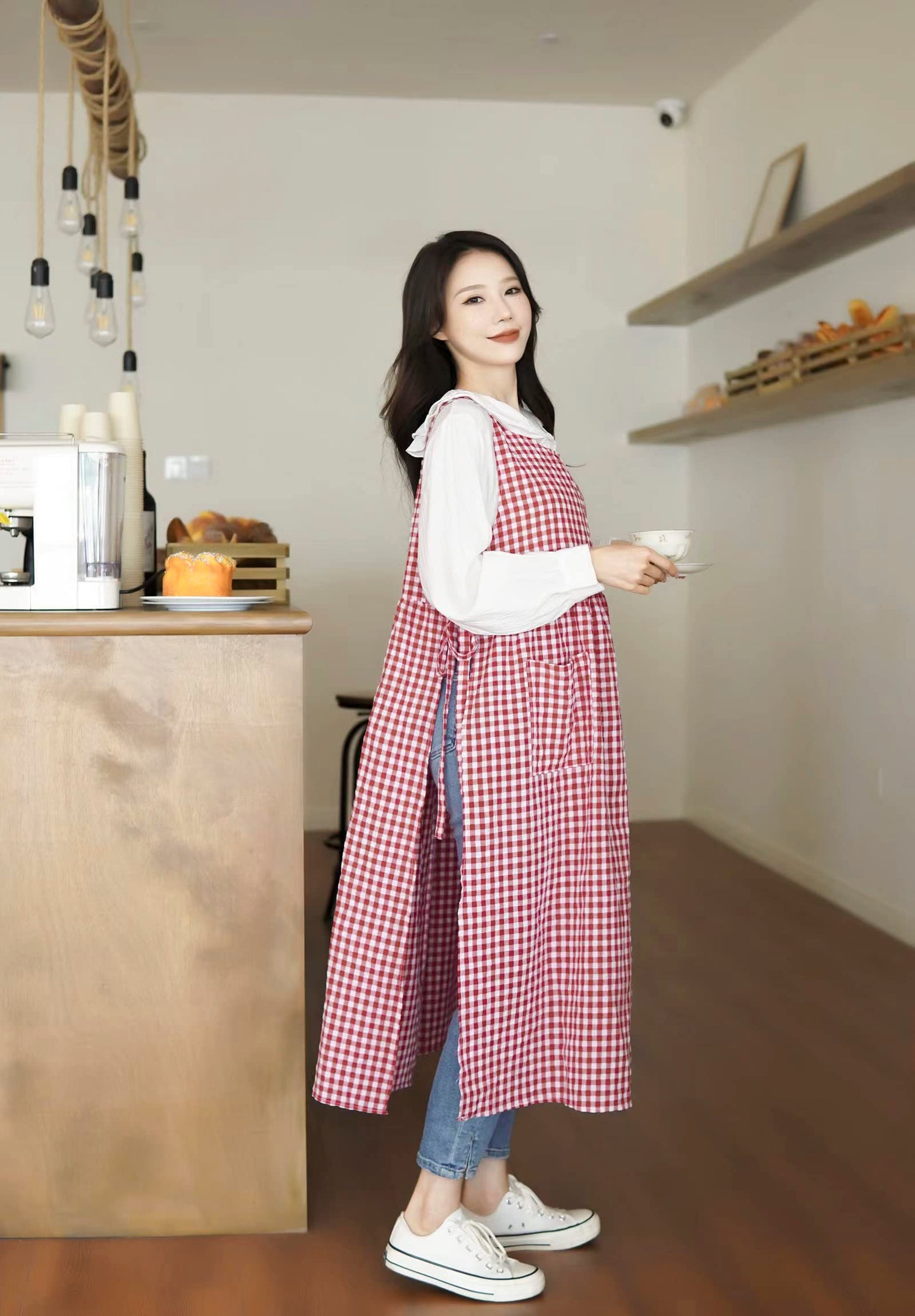 TALIBSA Plaid Apron Dress，Japanese Cotton Linen Cross Back Apron for Women with Pockets，Pinafore Dress with Waist Ties (Red Plaid)
