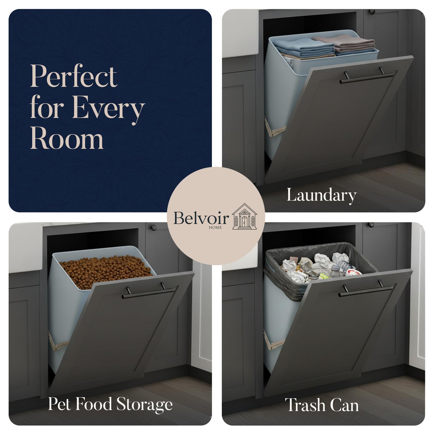 BELVOIR HOME Tilt-Out Trash Can Cabinet or Tilt-Out Laundry Hamper Cabinet Conversion Kit – Hidden Storage for Kitchen Garbage Up to 50 Pound Bin, Easy DIY Install, Universal Width Fit