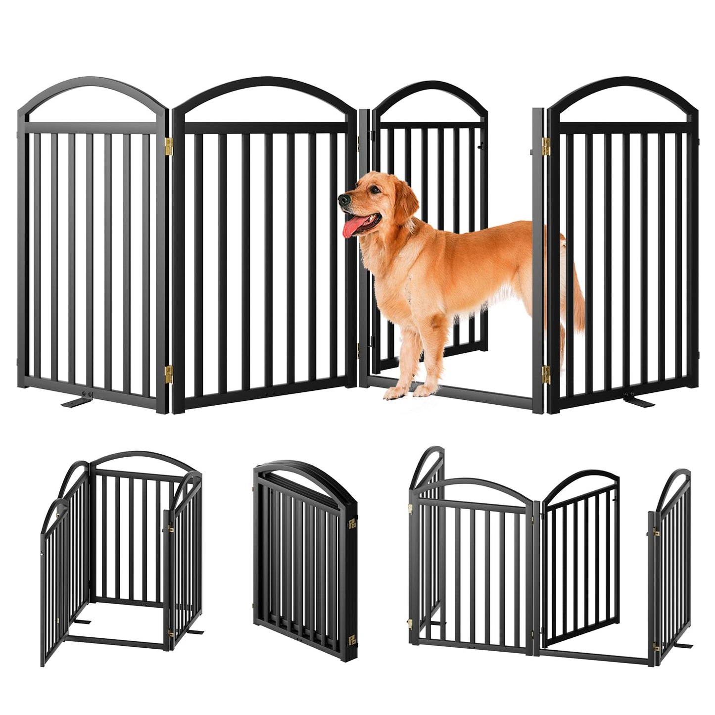 SNUOWU 4 Panels Full Matel Freestanding Dog Gates with Door, 96"Extra Wide 32"Tall Free Standing Dog Pet Gate for Indoor & Outdoor. Foldable Pet Fences for Doorways, House, Stairs, Porch, Deck, Yard