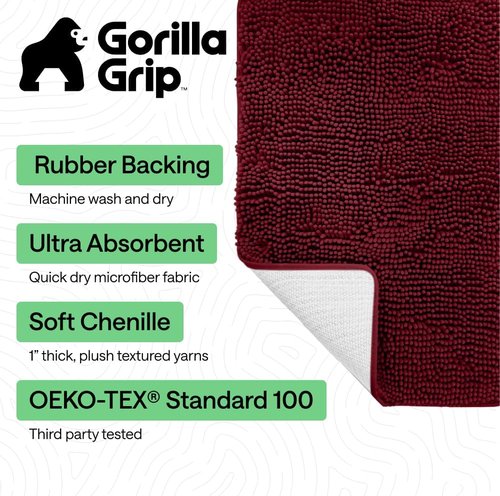 GORILLA GRIP Bath Rug Mat - Soft Absorbent Chenille | Quick Dry Microfiber, 48x24, Burgundy
