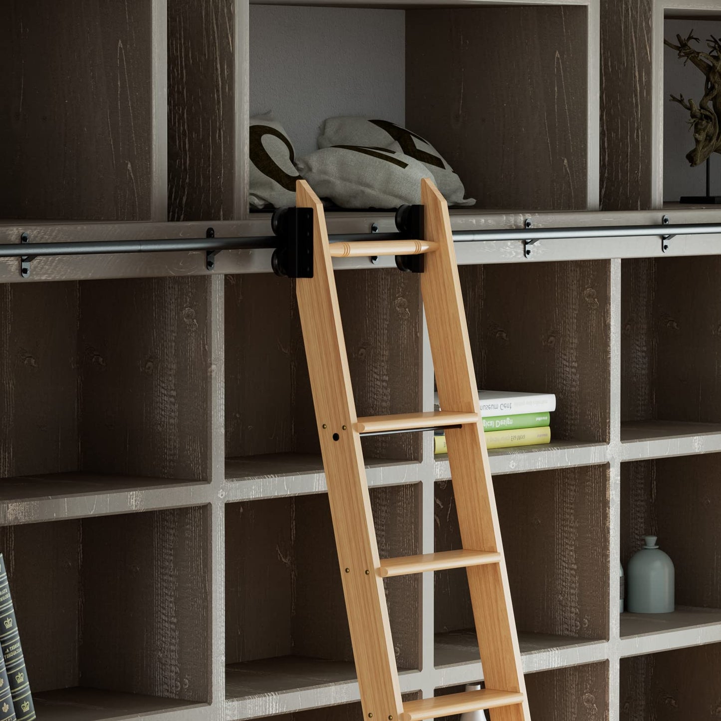 KINMADE 10 ft Rolling Library Ladder Kit with Ladder Included, Solid Red Oak Wood, Telescopic Upper Roller, Stable Style&Functional Design