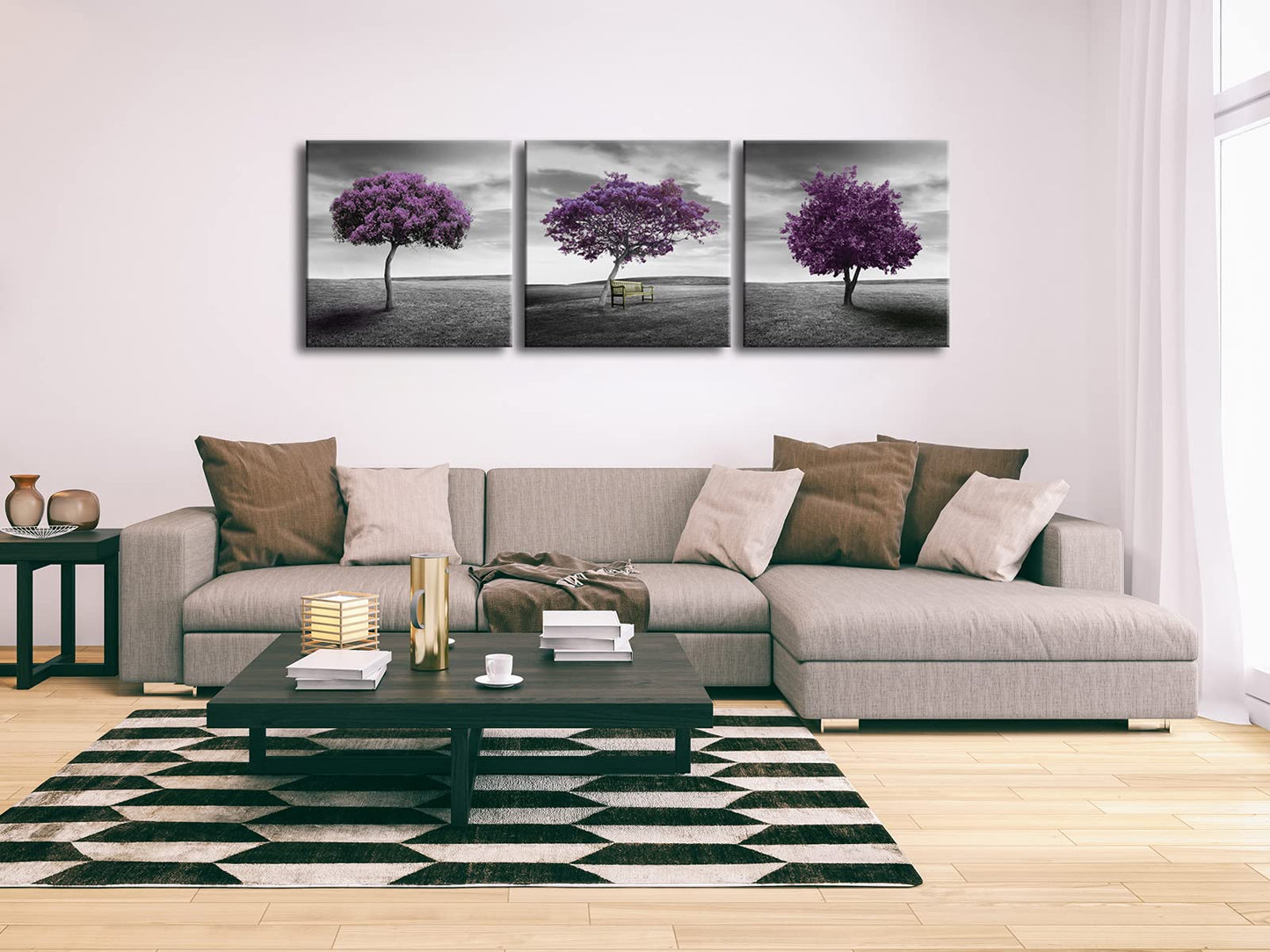 Pyradecor 3 Panels Purple Trees Giclee Canvas Prints Wall art Paintings for Living Room Bedroom Home Decorations Large Modern Gallery Wrapped Landscape Fall Forest Pictures Artwork Ready to Hang L