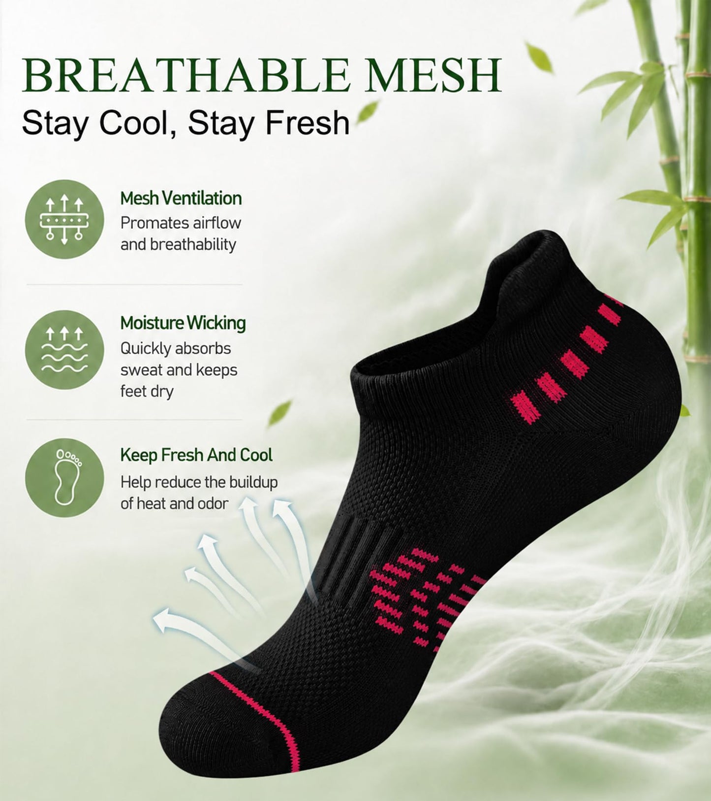 floconssy Ankle Socks for Women, Bamboo Viscose Black Cushioned Running Socks Low Cut Athletic Short Footies with Heel Tab 5 Pairs Size 6-9