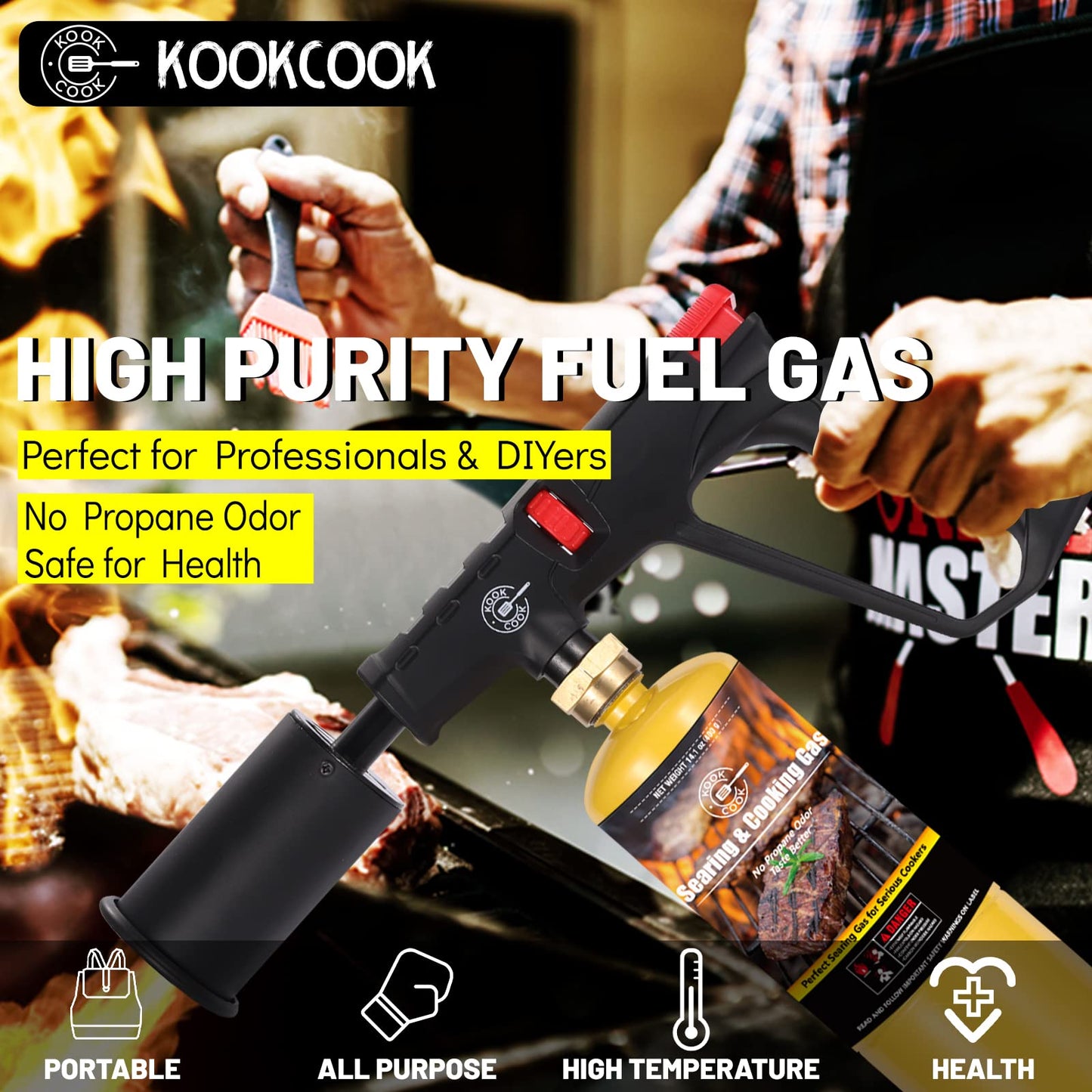 KookCook 14.1oz MAPP Gas 12 Packs Kit 99.99% High Purity Equal to MAP Gas Hotter than Propane No Odor Cooking Searing Camping Gas to Broil Sous Vide for Welding Brazing Soldering Propane Torch Head