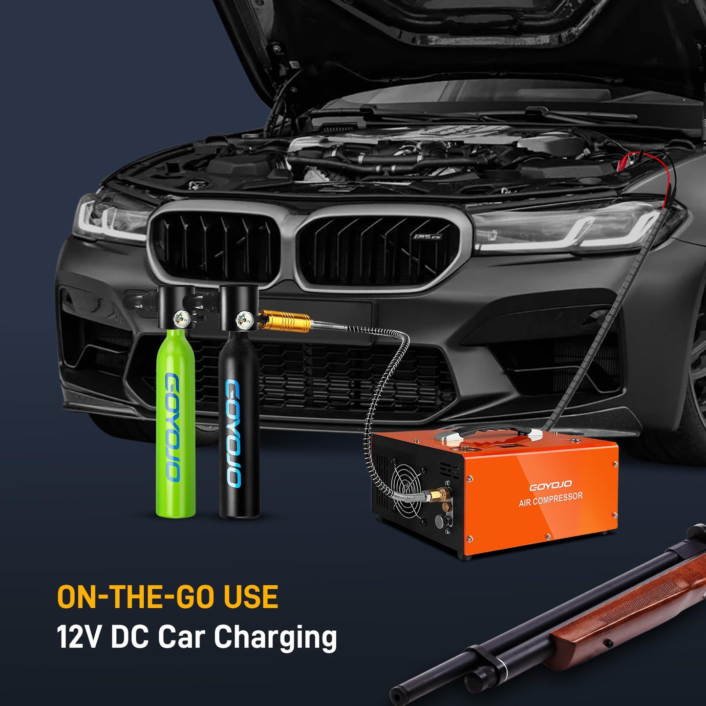 GOYOJO PCP Air Compressor, Max 4500 PSI / 300 Bar, Fast Fill for Airguns or Paintball Tank, Auto Shut-Off, Dual Power Car 12V DC or Home 120V AC, Built-in Cooling Fan, 300W Portable Pcp Pump
