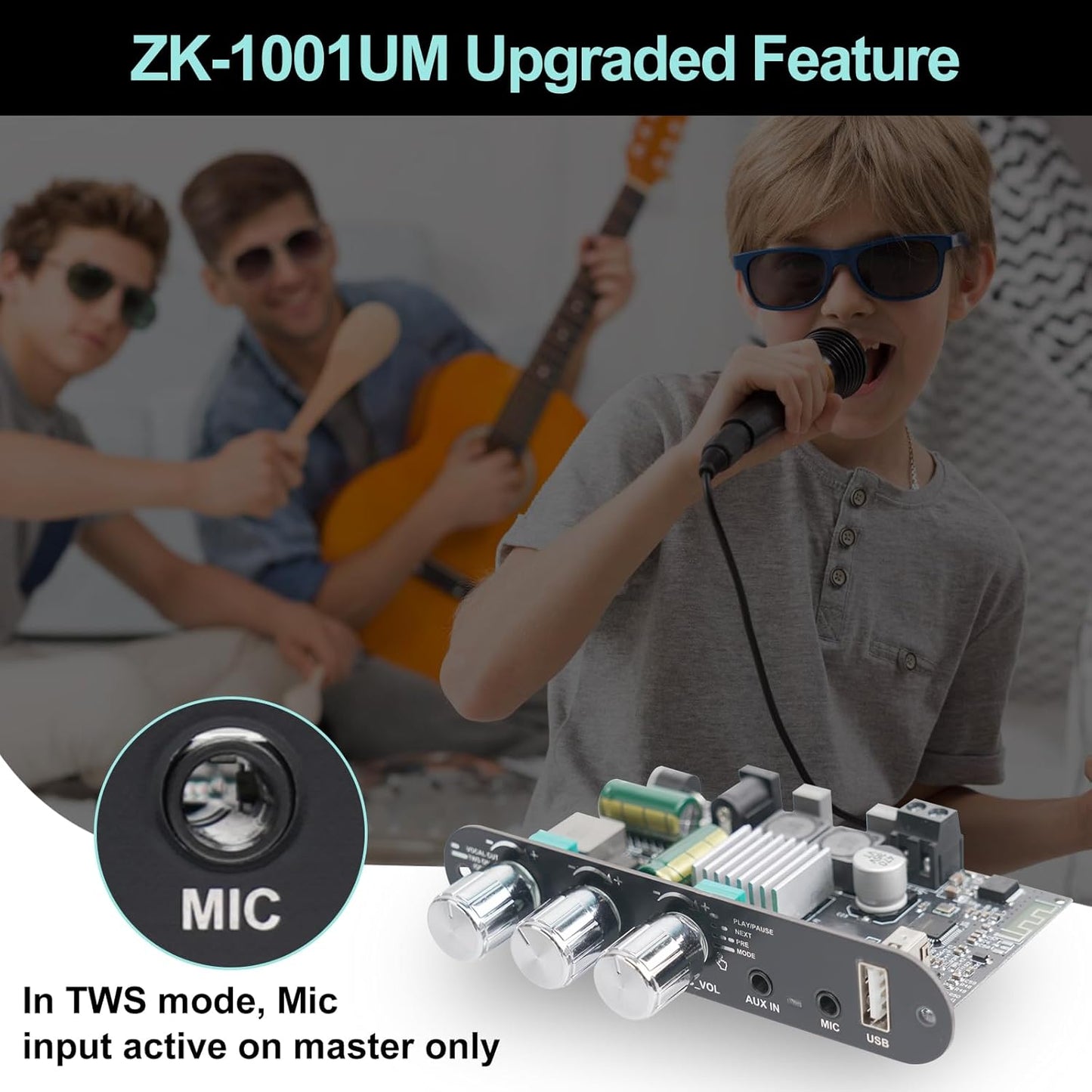 ZK-1001U 100W 9-24V PRO with Mic Input Blue-Tooth Mono Amplifier Board, Echo & EQ, TWS Pairing, USB/AUX, Adjustable Mic