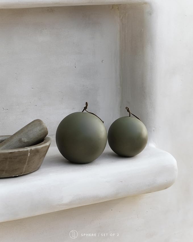 LAWA Set of 2 Sphere Candle - Beautiful Handmade Pillar Scented Soy Wax Elegant Aesthetic Candle Housewarming Gift Home Room Shelf Decor Idea (Earthy Green, Set of 2)