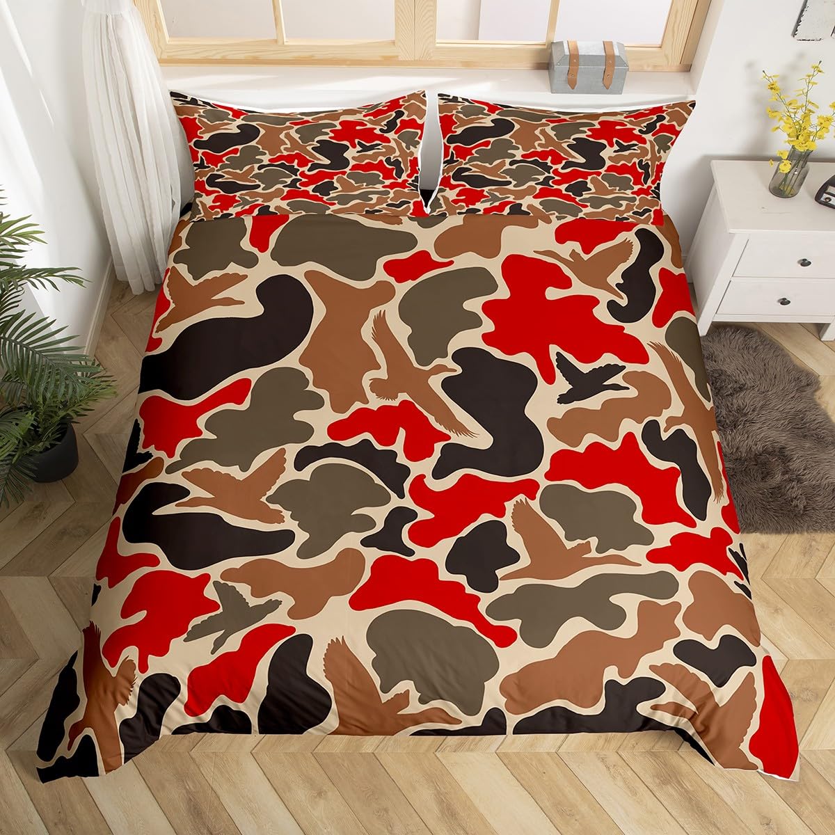 Feelyou Duck Hunter Red Camouflage Hunting Bedding Set King Kids Black Brown Comforter Cover Set for Boys Camo Army Duvet Cover Breathable Wild Bedspread Cover Room Decor Quilt Cover,No Comforter