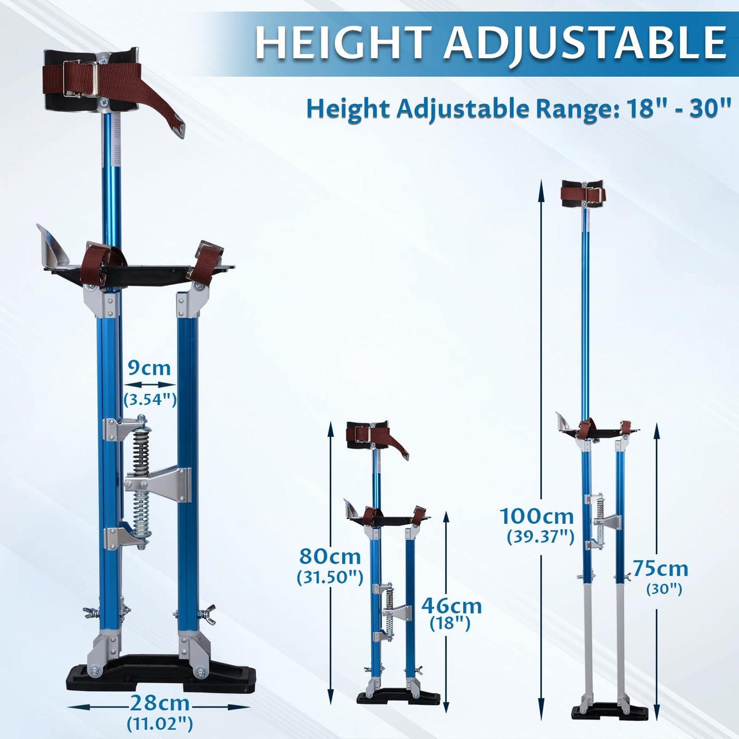 Hooomyai Drywall Stilts 18-30 inch Adjustable Height Aluminum Painting Tool Stilt with Knee Pads Protection Ideal for Painting, Finishing, and Cleaning – Blue