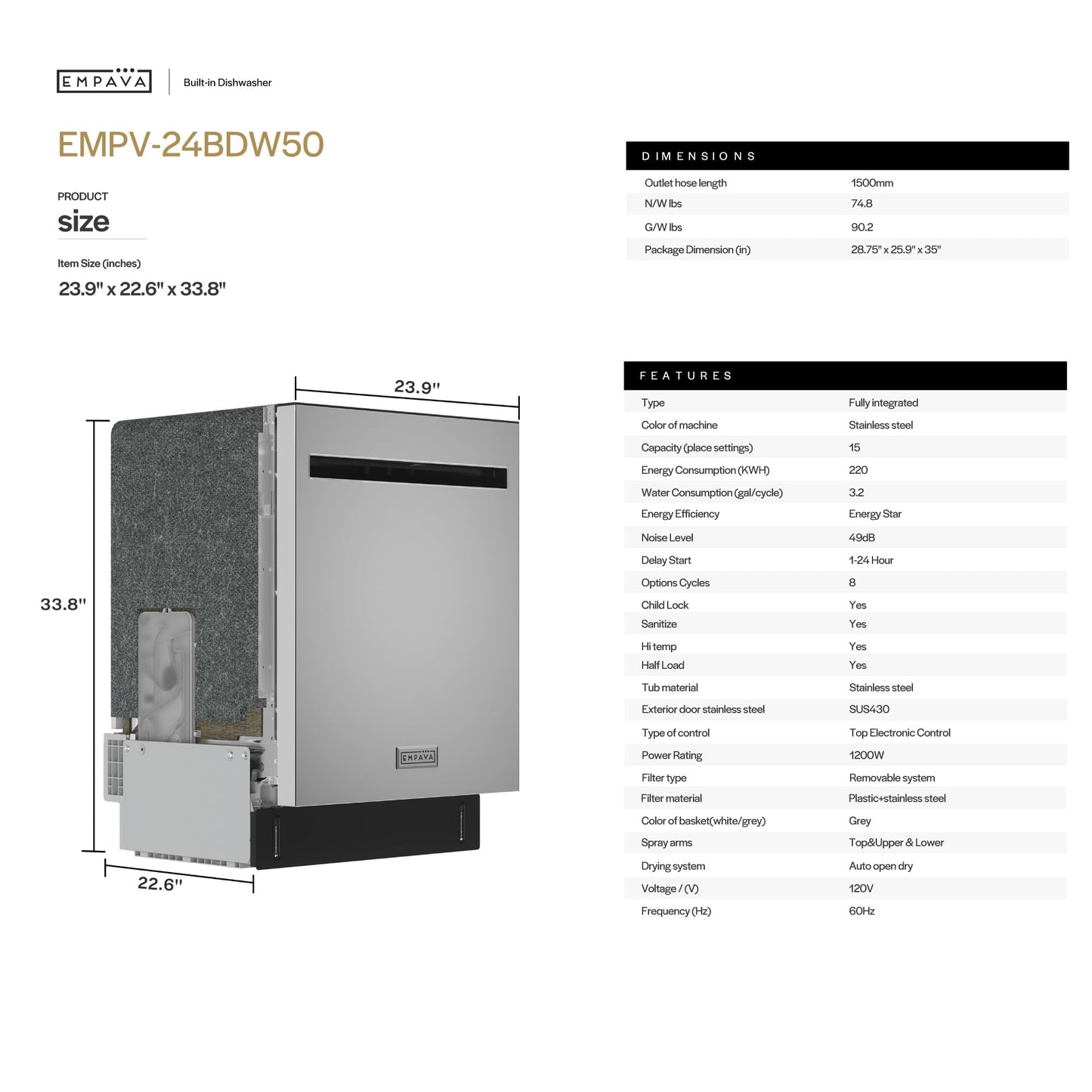 Empava 24” Built-in Dishwasher with Stainless Steel Tub, 15 Place Settings, 8 Wash Cycles, 3rd Racks, Auto Door Dry, 49 dB Quiet, ENERGY STAR Certified
