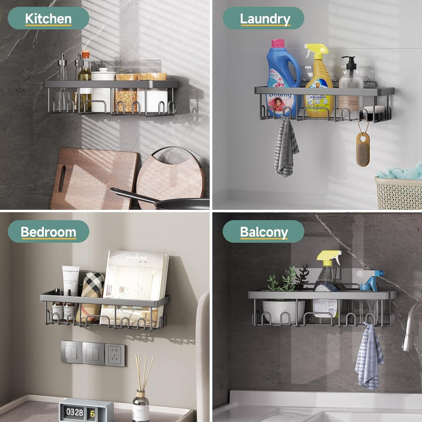 Veken Shower Caddy - 6-Pack Rustproof Waterproof Adhesive Shelves | Large Capacity Bathroom Organizers - Light Grey