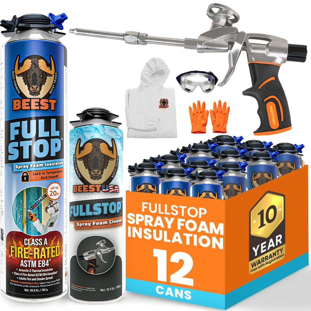 BEEST FullStop Spray Foam Insulation Kit - 240 Board ft/sq.ft. Fire Rated Spray Insulation Foam for Walls & Attics with Thermal & Soundproofing - Includes 12x Cans, 1 Cleaner, Pro X Gun, Safety Gear
