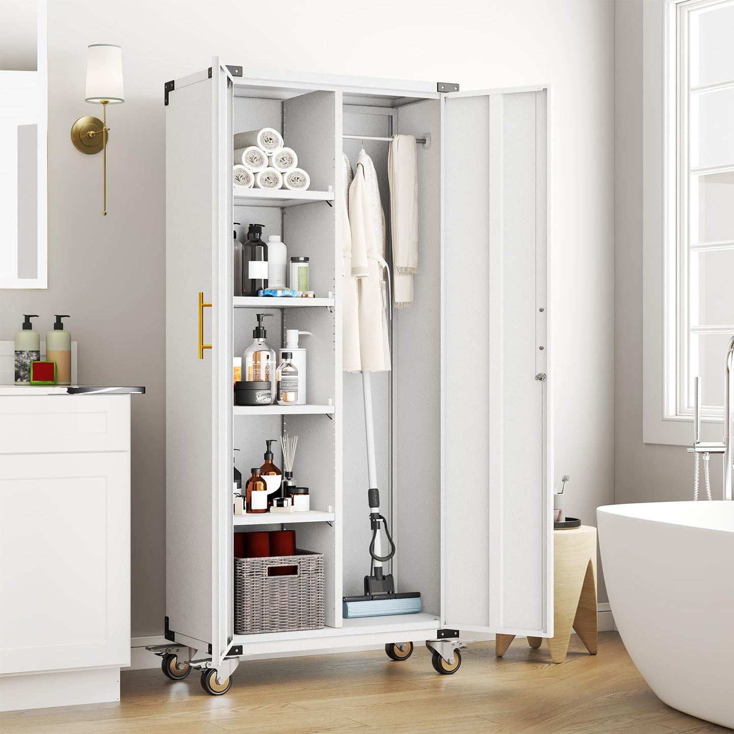 erosoei 71" Broom Storage Cabinet, Cleaning Tool Storage Cabinet, Garage Utility Storage with Hooks and Hanging Rods, Heavy Duty Garden Tool Organizer, for Home, Garage, Laundry Room, Gym, Workshop