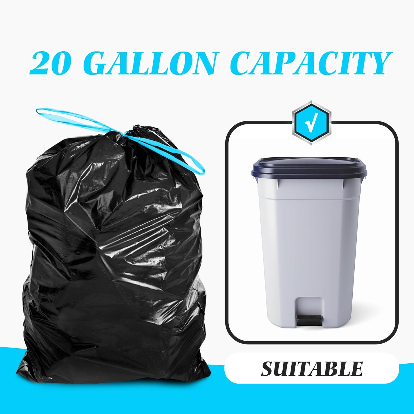 Teivio 20 Gallon 26 Counts Large Drawstring Trash Bags Strong Tall Kitchen Garbage Bags for Home/Office/Light Residential Waste/Outdoor Trash Can, Lawn，Trash Bin liners Black